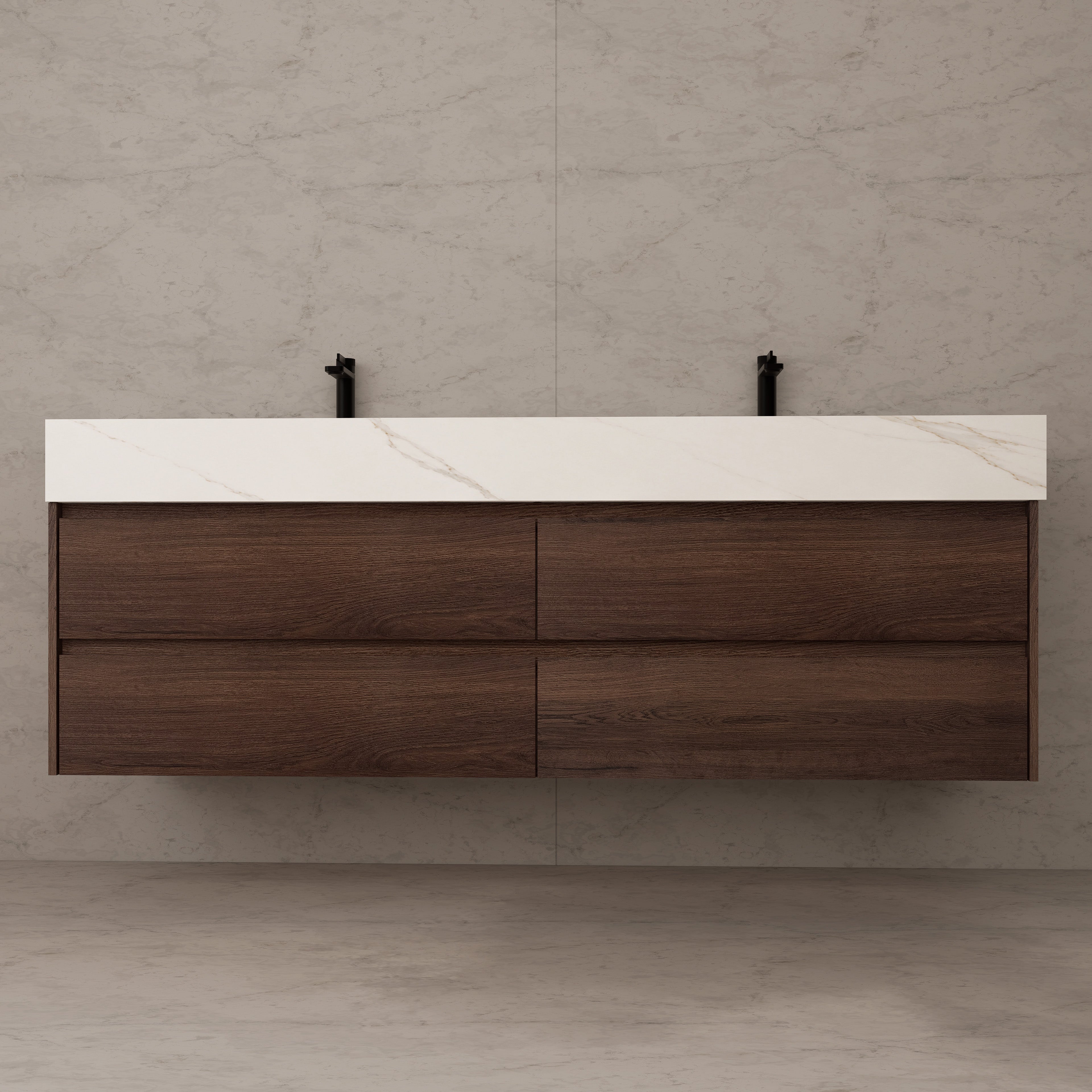 71"，60" Walnut Double Sink Sintered Stone Top with Elegant Floating Bathroom Vanity