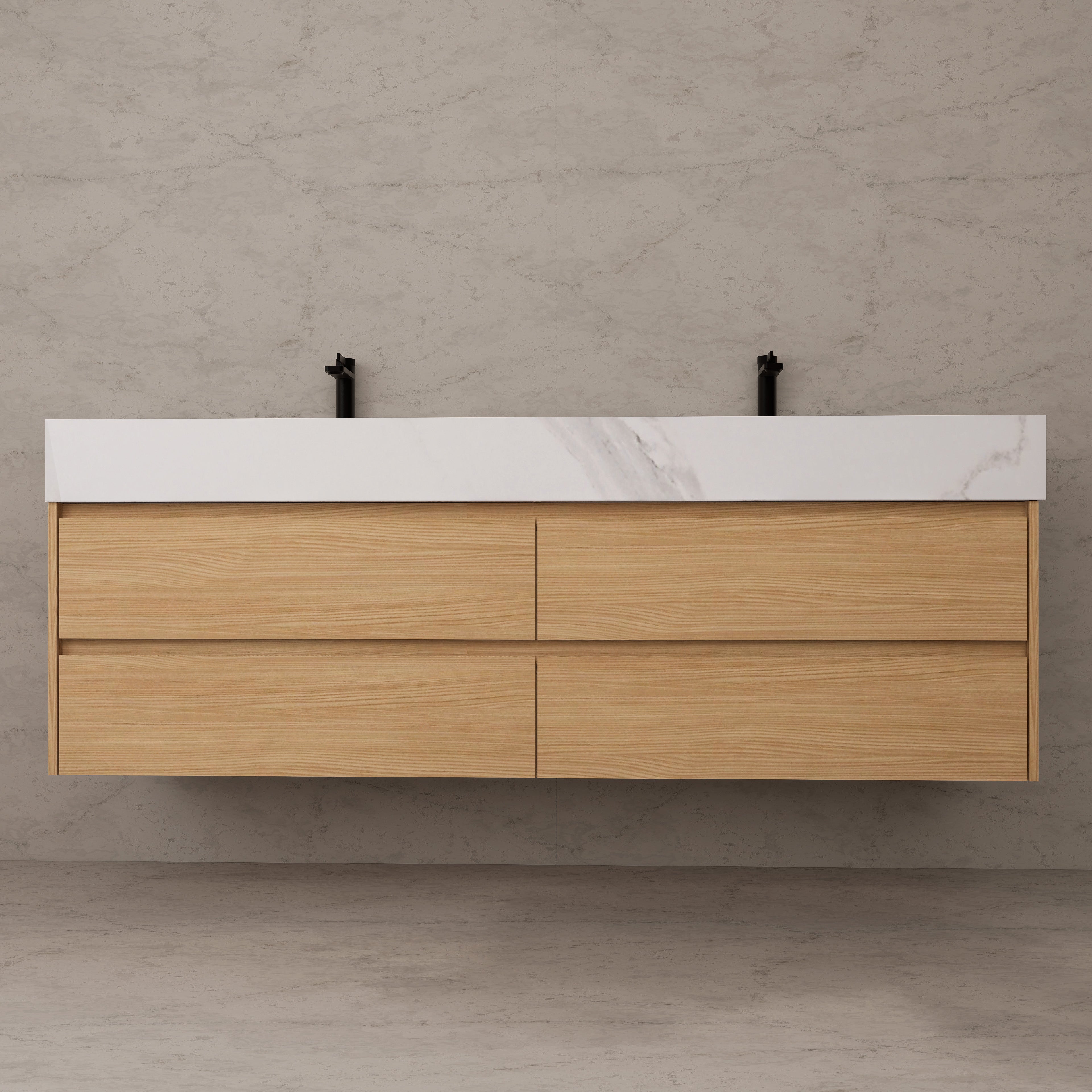 71"，60" Nature Oak Double Sink Sintered Stone Top with Floating Bathroom Vanity
