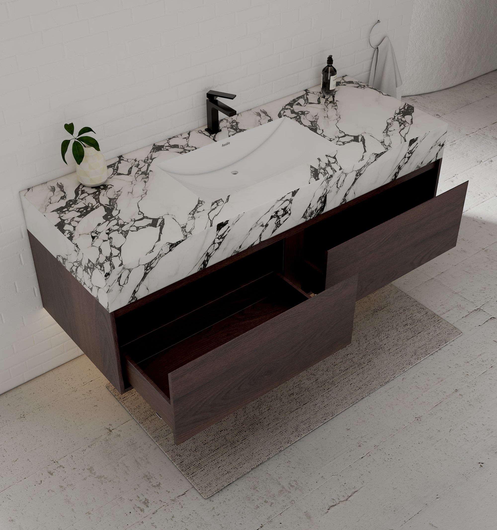 48", 60" Walnut Sintered Stone Top with Double Drawer Floating Bathroom Vanity