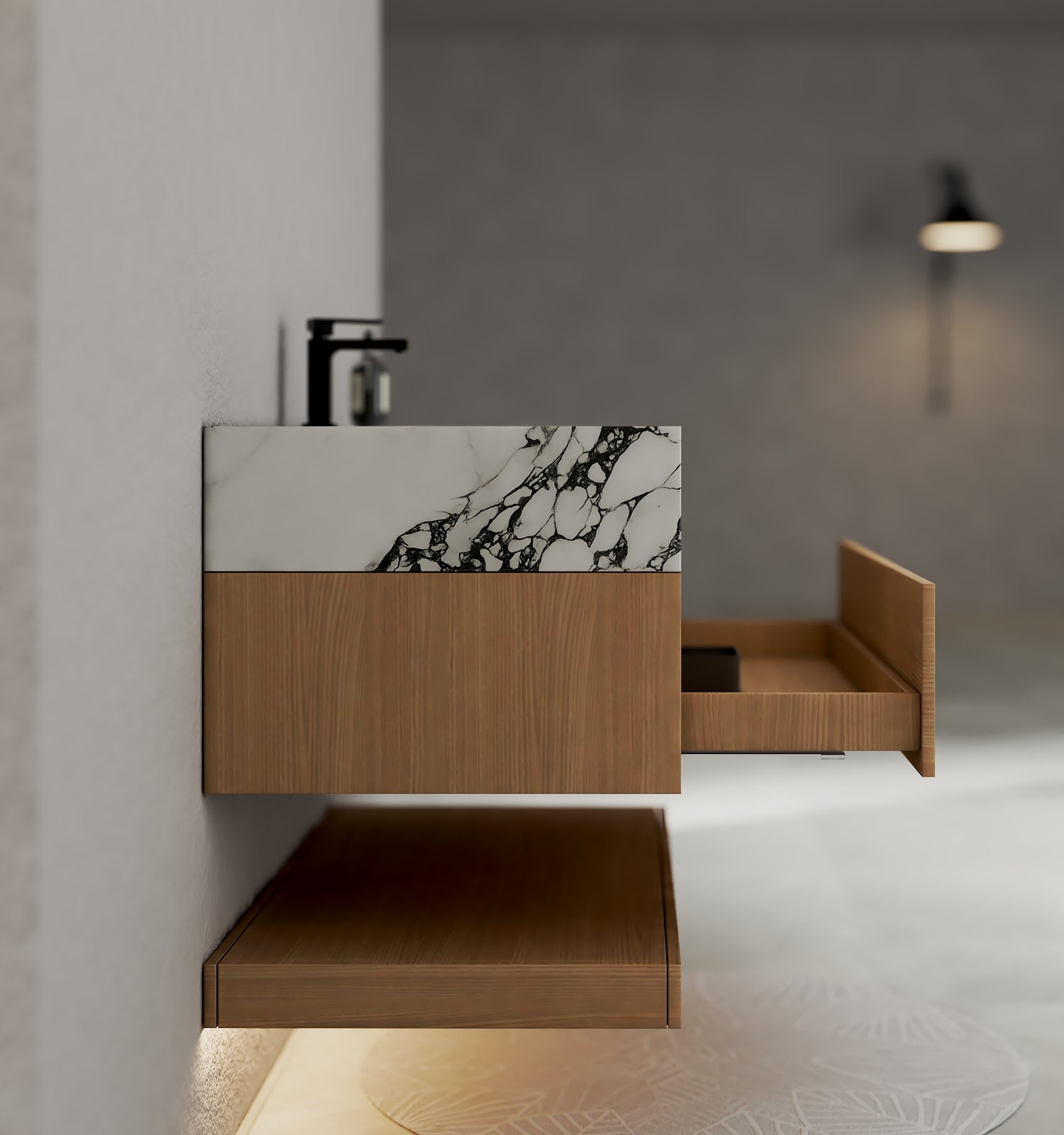 32", 36", 40" Nature Oak Hotel-Style Floating Bathroom Vanity With Sintered Stone Top