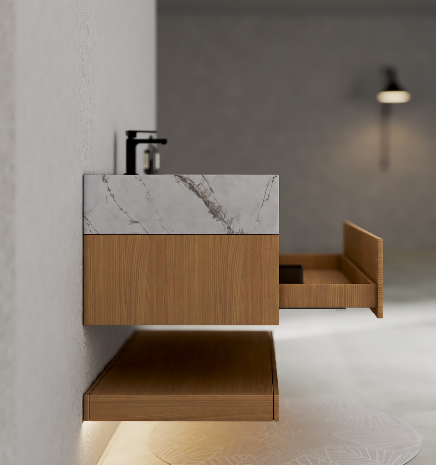 32", 36", 40" Nature Oak Hotel-Style Floating Bathroom Vanity With Sintered Stone Top
