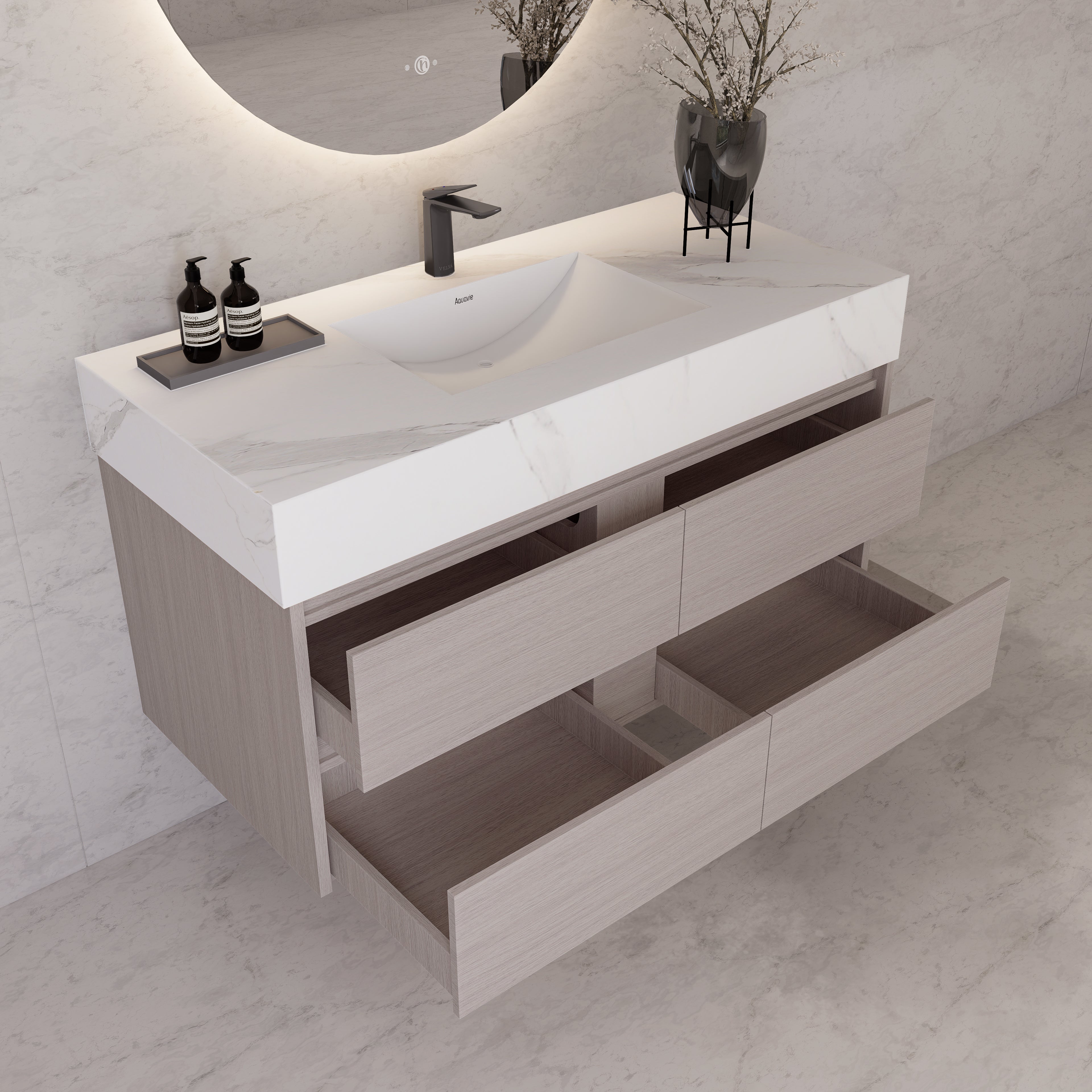 48"，60" White Grey Sintered Stone Top With Four Drawer Floating Bathroom Vanity