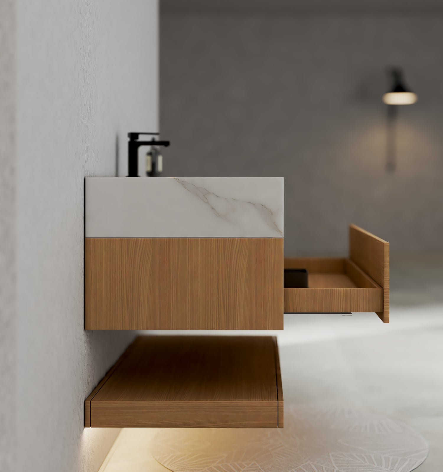 32", 36", 40" Nature Oak Hotel-Style Floating Bathroom Vanity With Sintered Stone Top