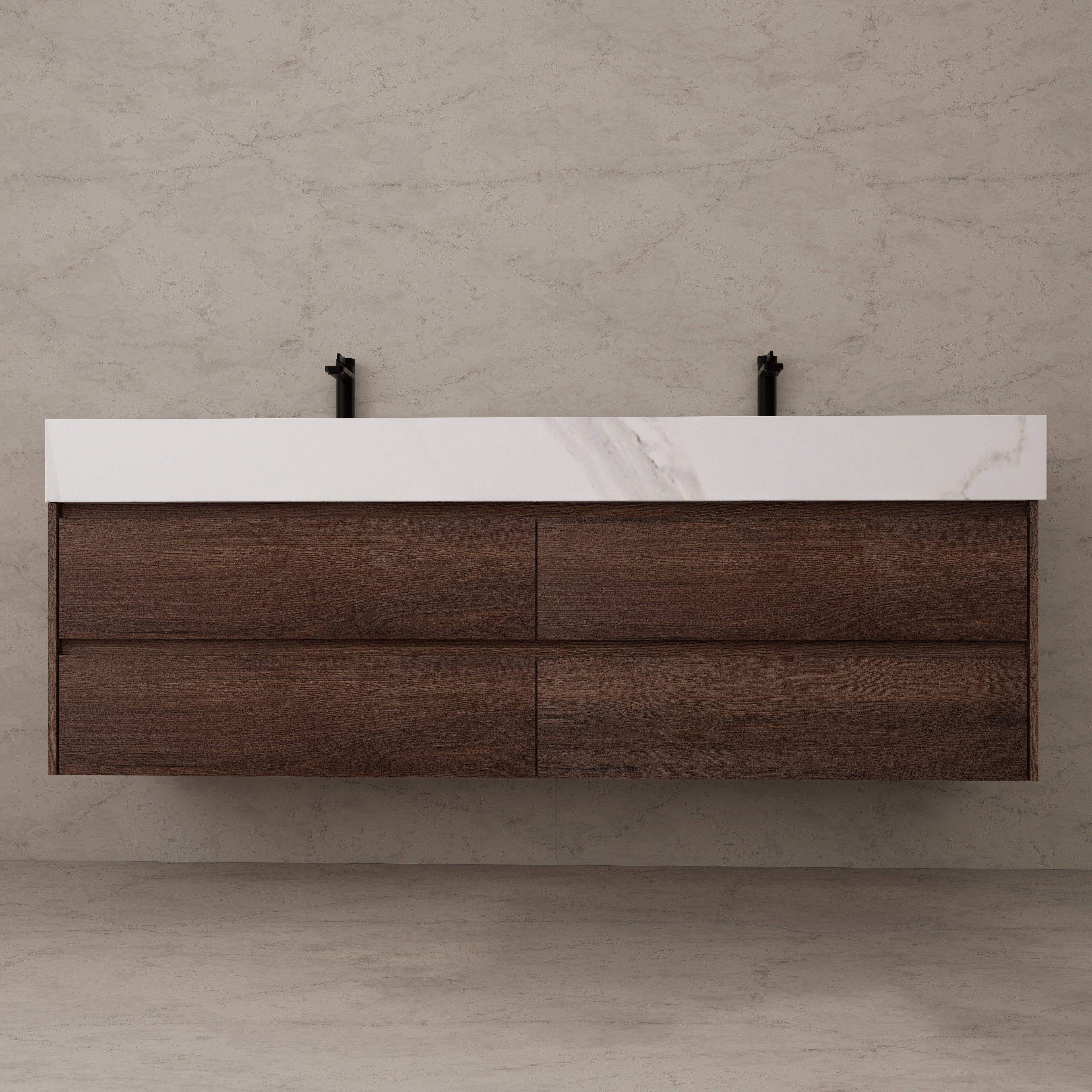71"，60" Walnut Double Sink Sintered Stone Top with Elegant Floating Bathroom Vanity