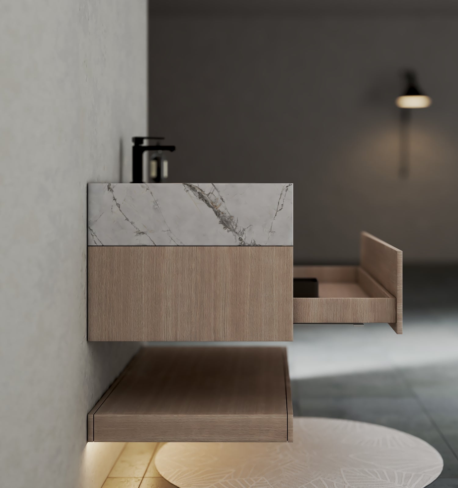 32", 36", 40" White Grey Oak Hotel-Style Floating Bathroom Vanity With Sintered Stone Top with
