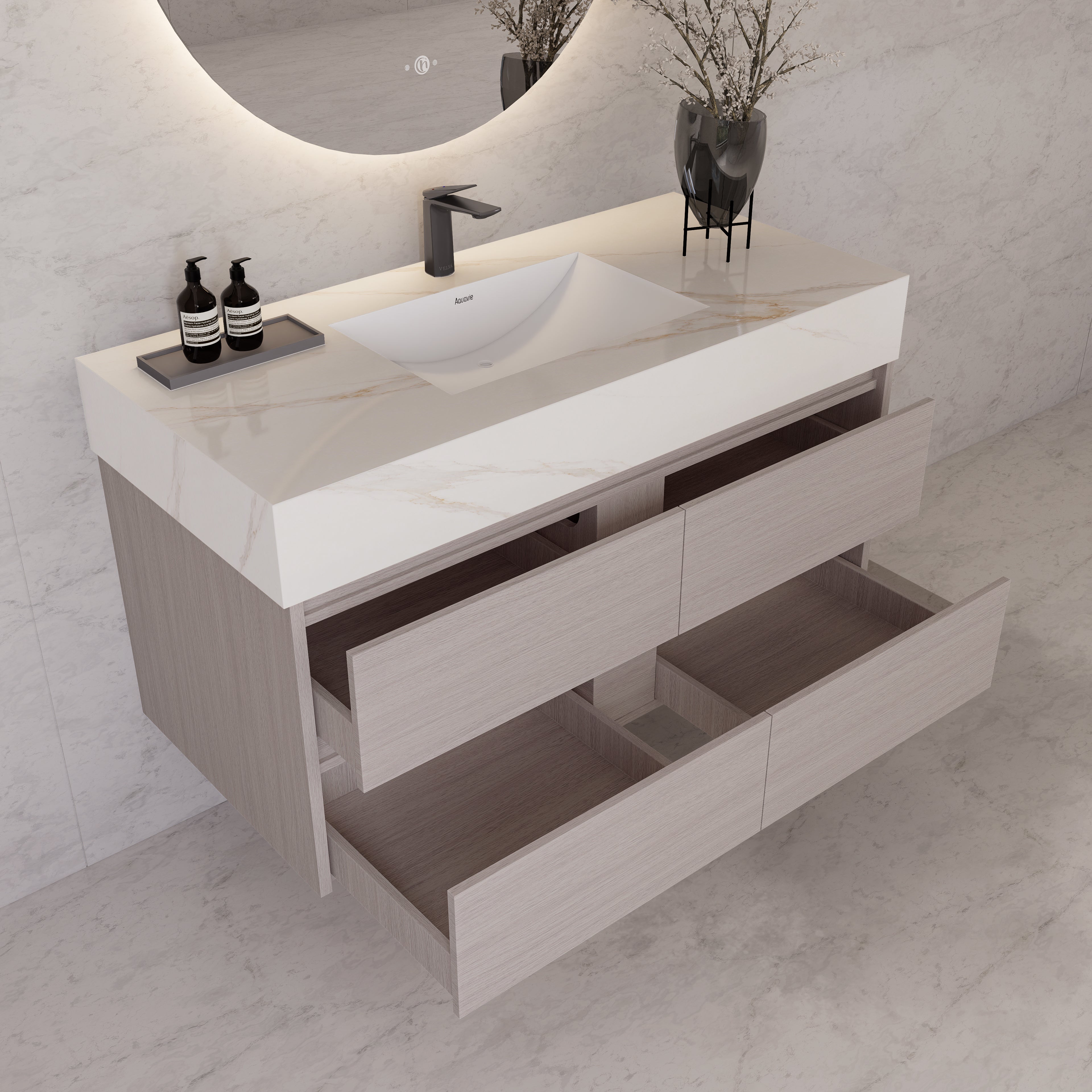 48"，60" White Grey Sintered Stone Top With Four Drawer Floating Bathroom Vanity