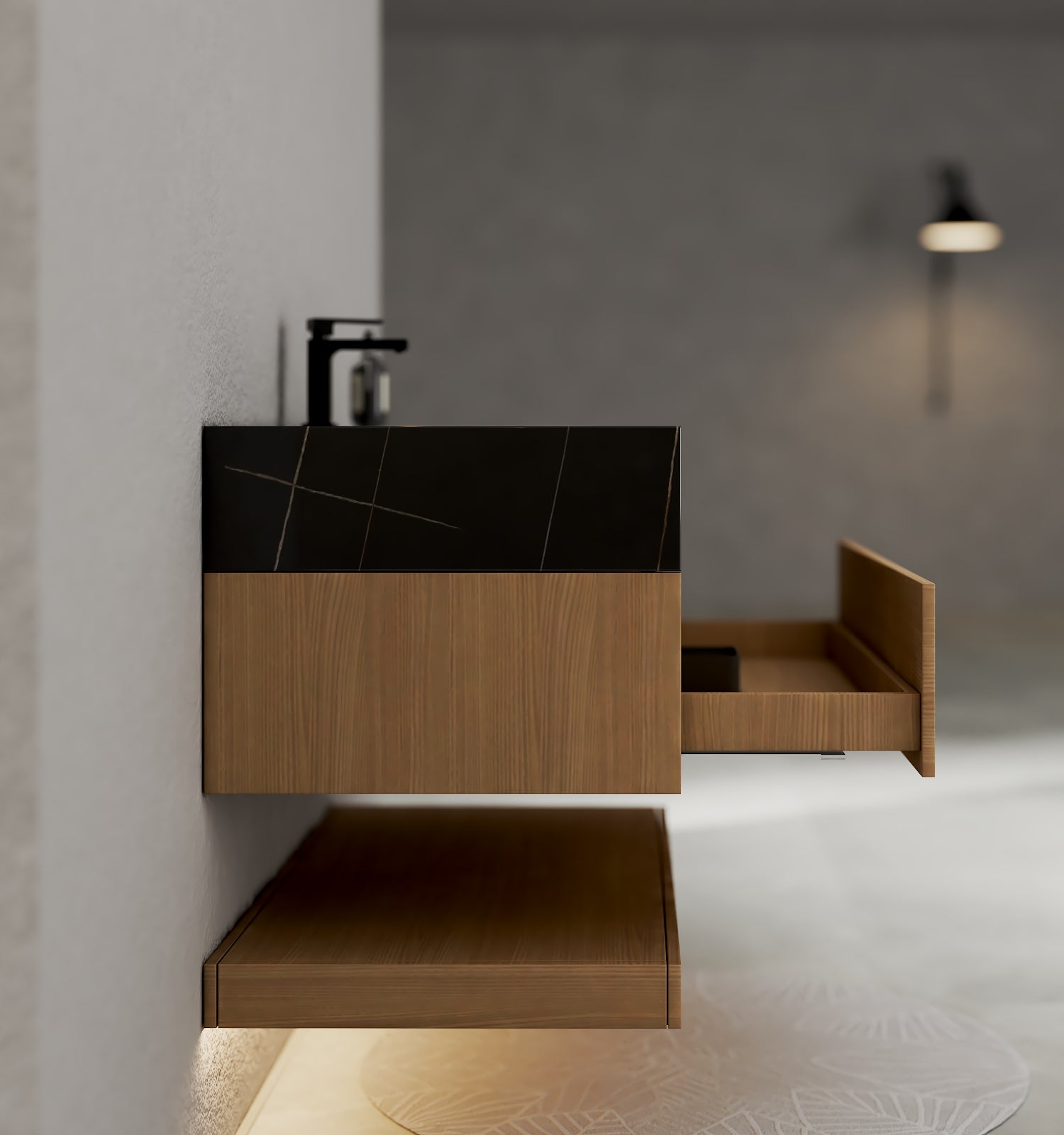 32", 36", 40" Nature Oak Hotel-Style Floating Bathroom Vanity With Sintered Stone Top