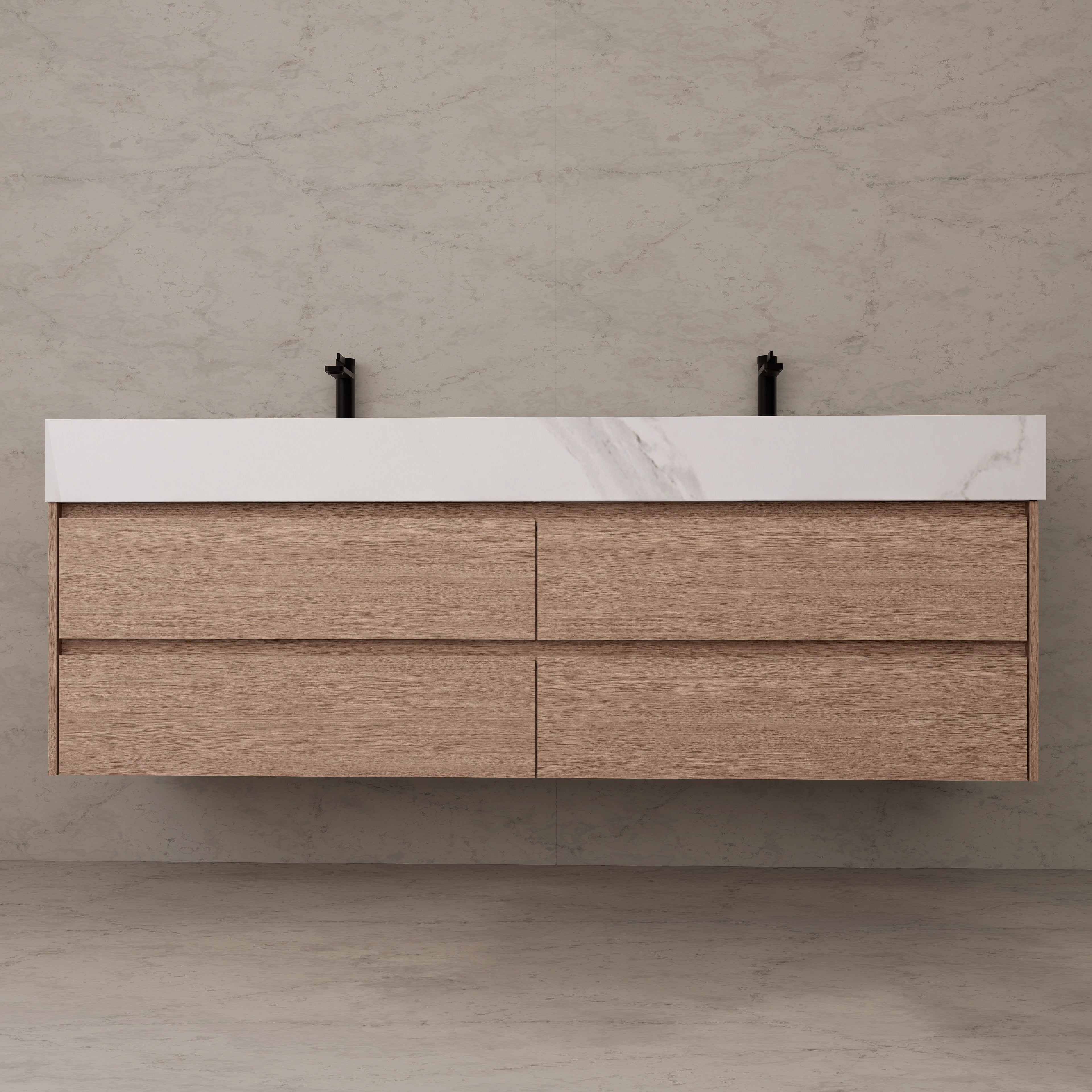 71"，60" Smoked Oak Double Sink Sintered Stone Top with Floating Bathroom Vanity