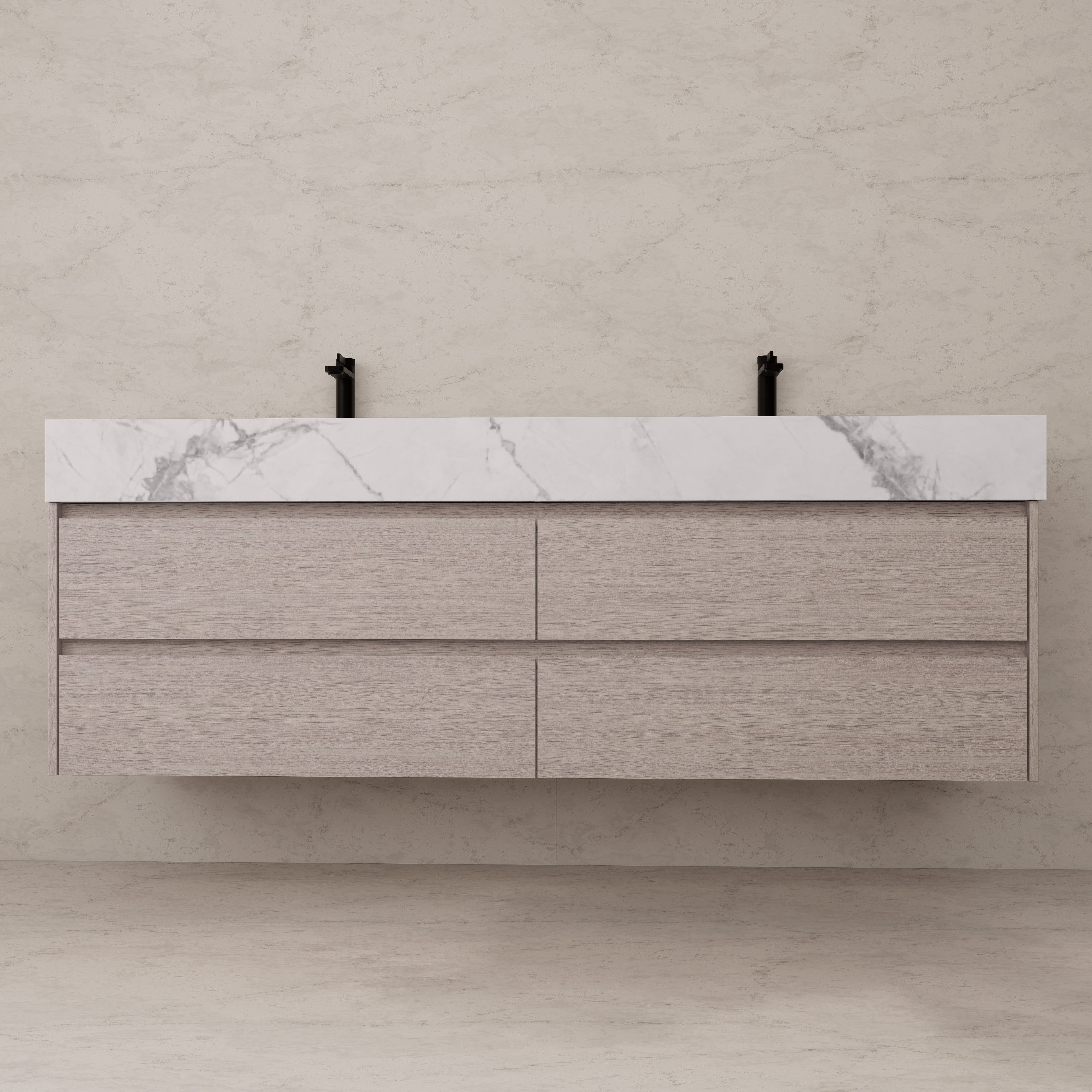 71"，60" White Grey Oak Double Sink Sintered Stone Top with Floating Bathroom Vanity