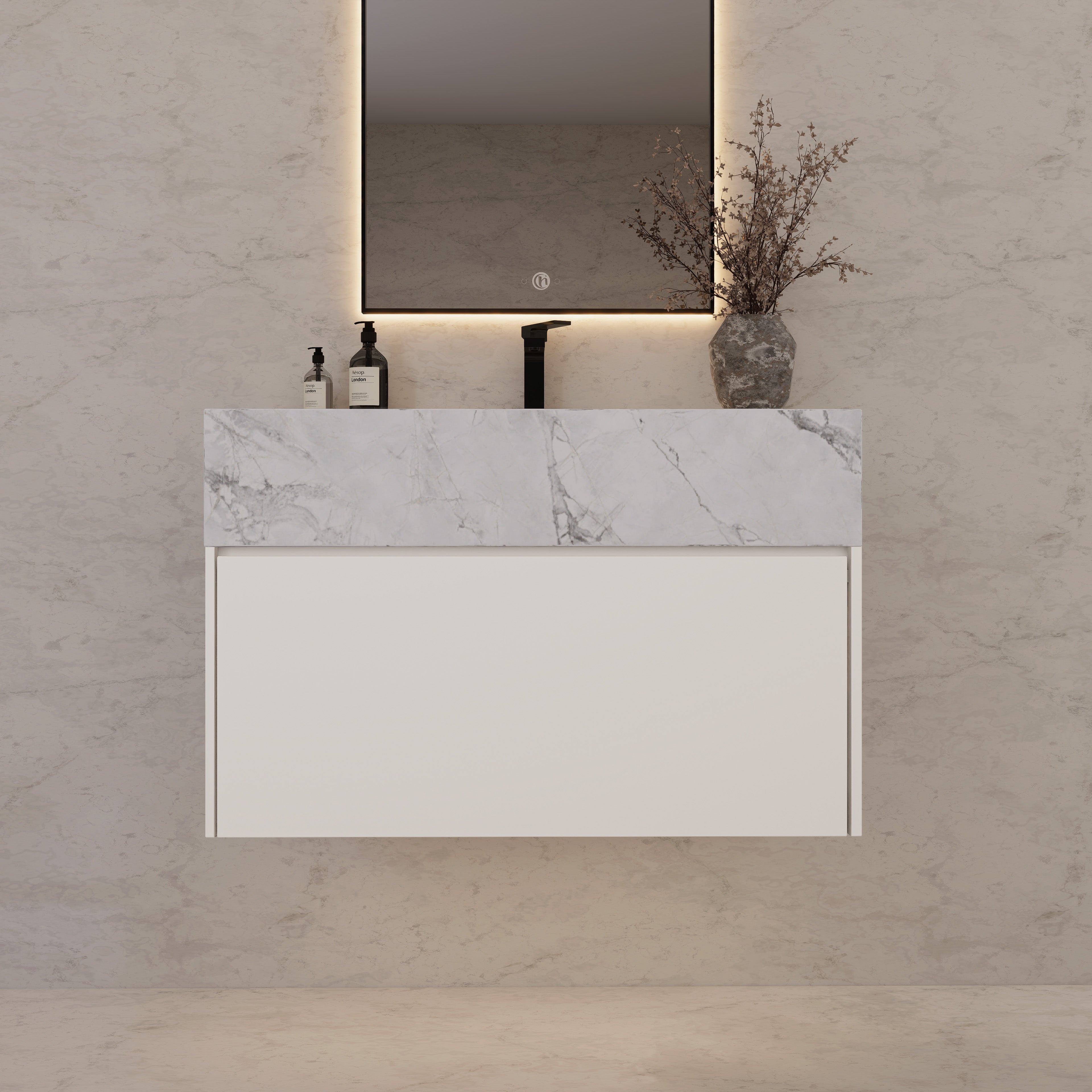 32"/ 36"/40" White Single Sink Floating Bathroom Vanity with Sintered Stone Top