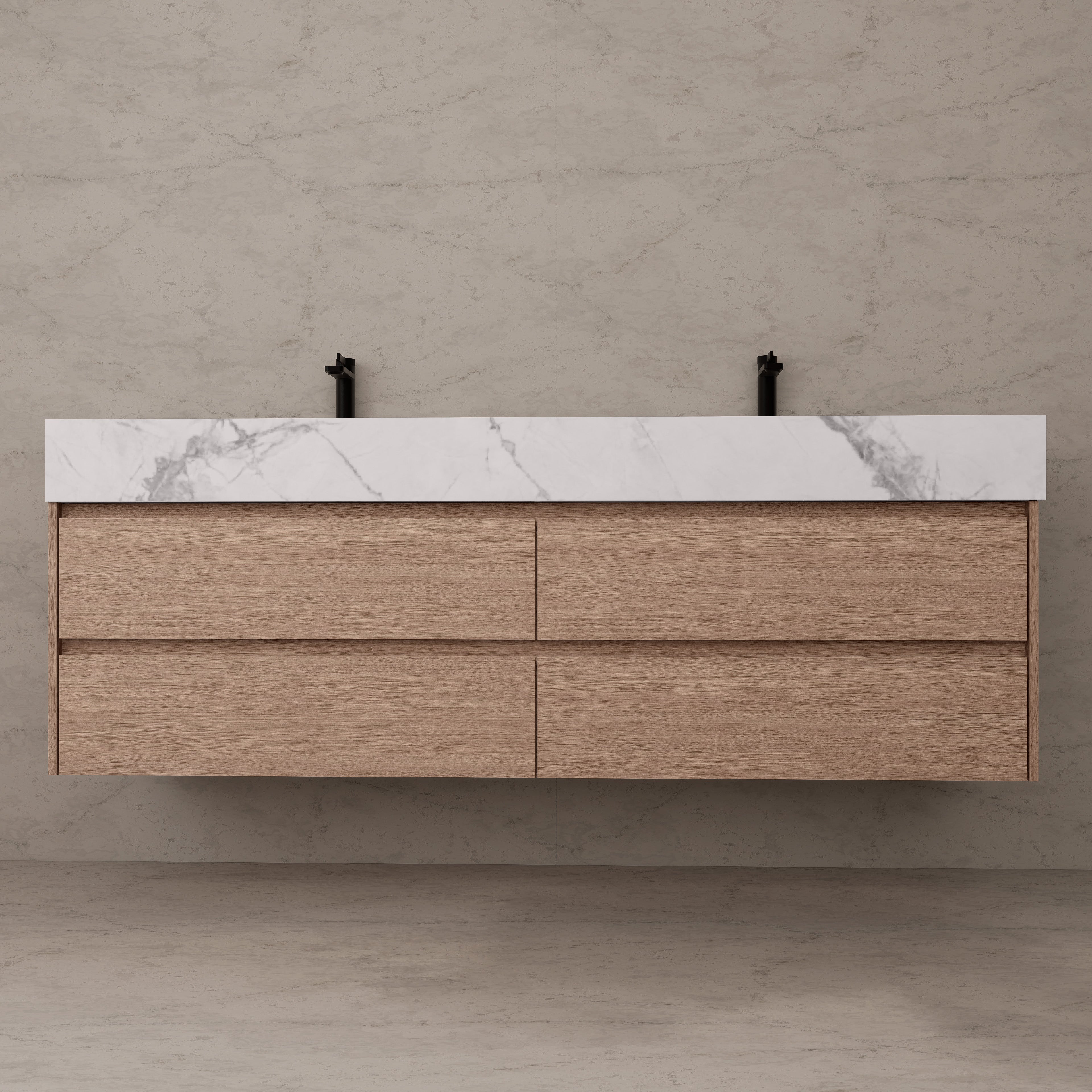 71"，60" Smoked Oak Double Sink Sintered Stone Top with Floating Bathroom Vanity