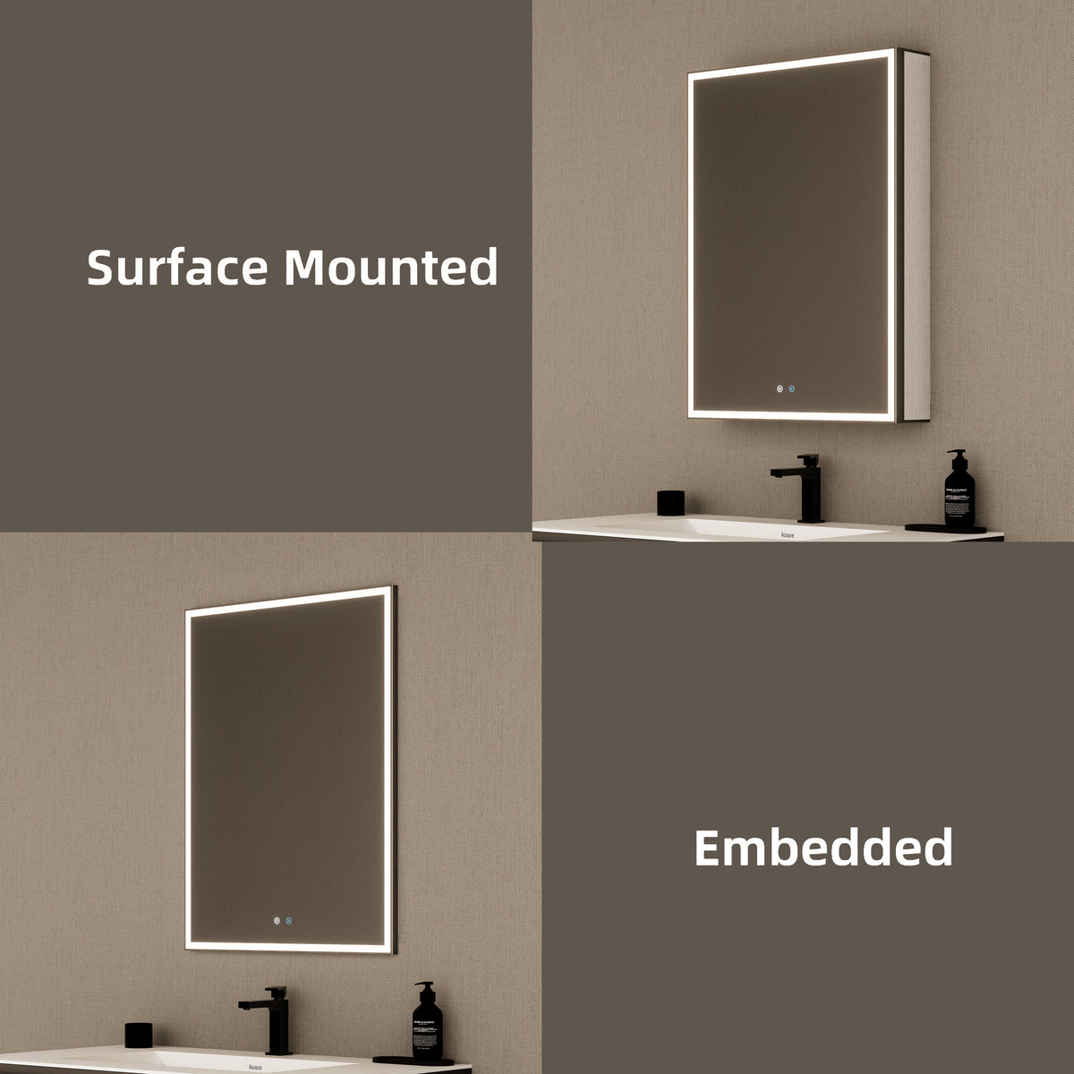24" LED Anti-Fog Medicine Cabinet — Aluminum Frame, Surface or Recessed Mount