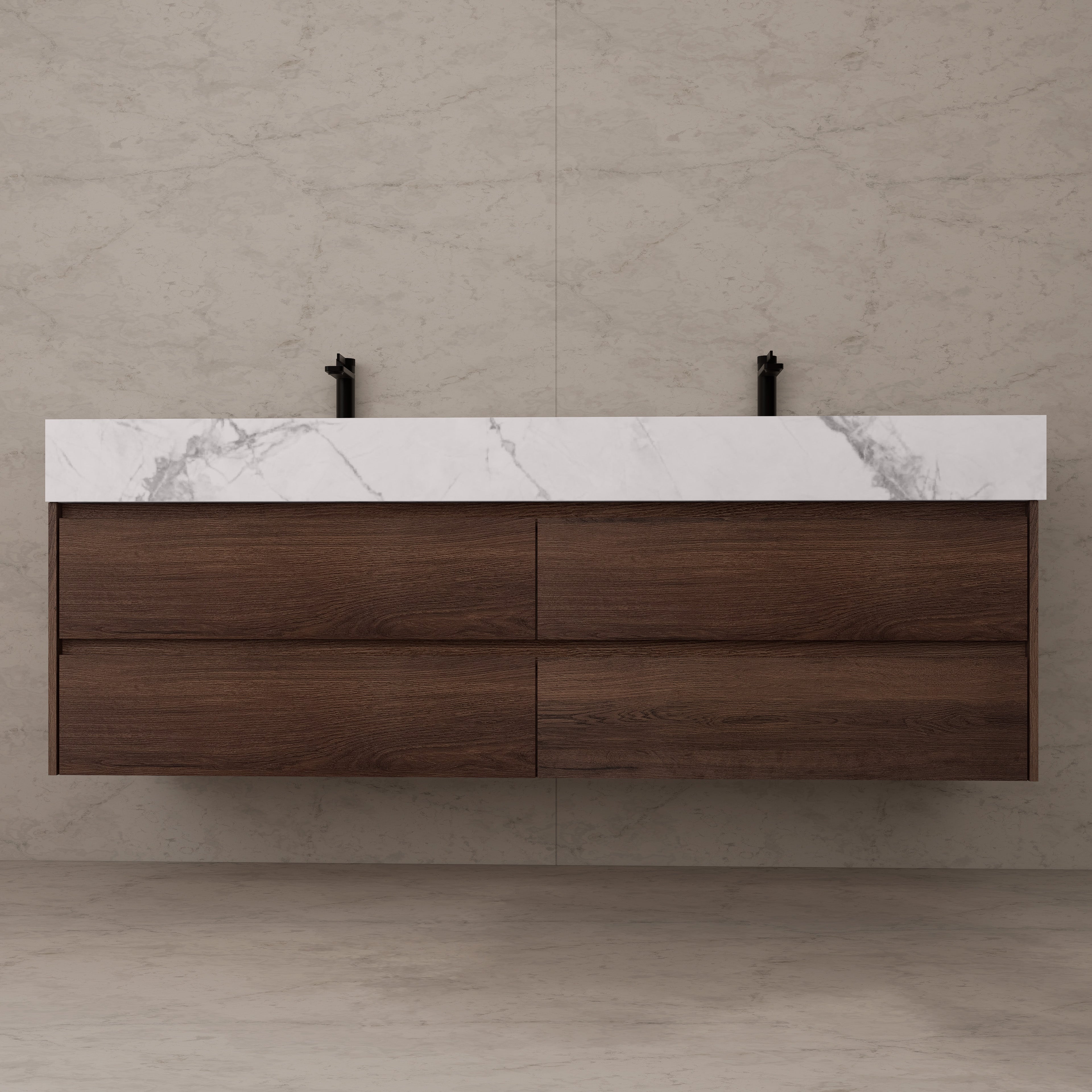 71"，60" Walnut Double Sink Sintered Stone Top with Elegant Floating Bathroom Vanity