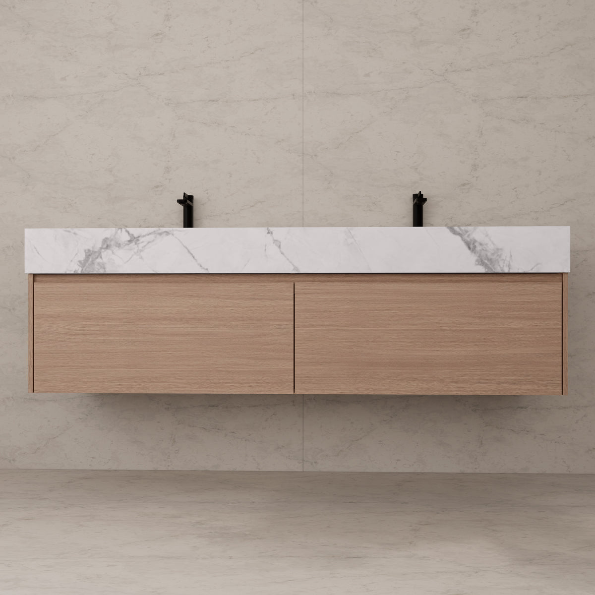 Meuble-lavabo suspendu double de 60 po / 71 po en chêne fumé avec dessus en pierre