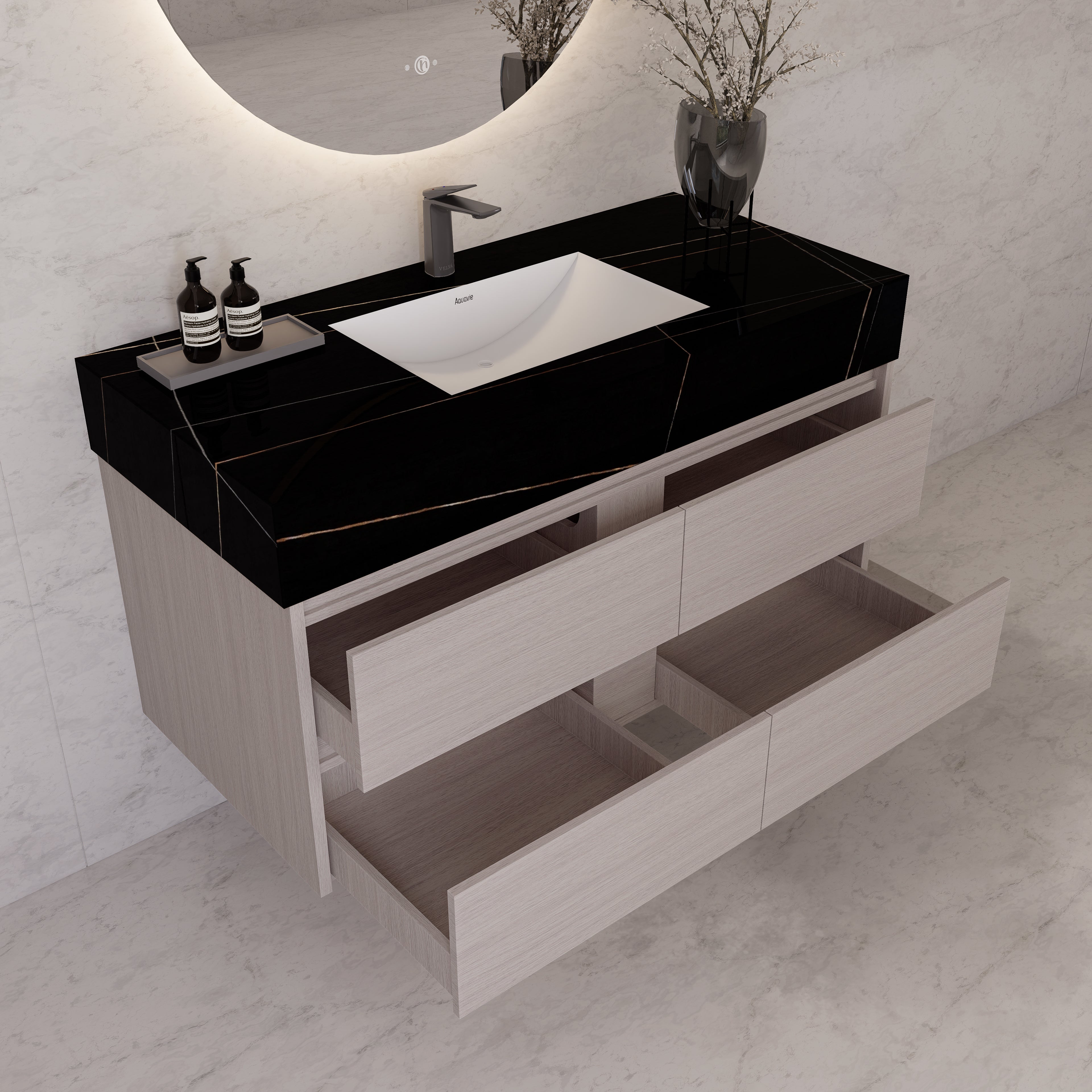 48"，60" White Grey Sintered Stone Top With Four Drawer Floating Bathroom Vanity
