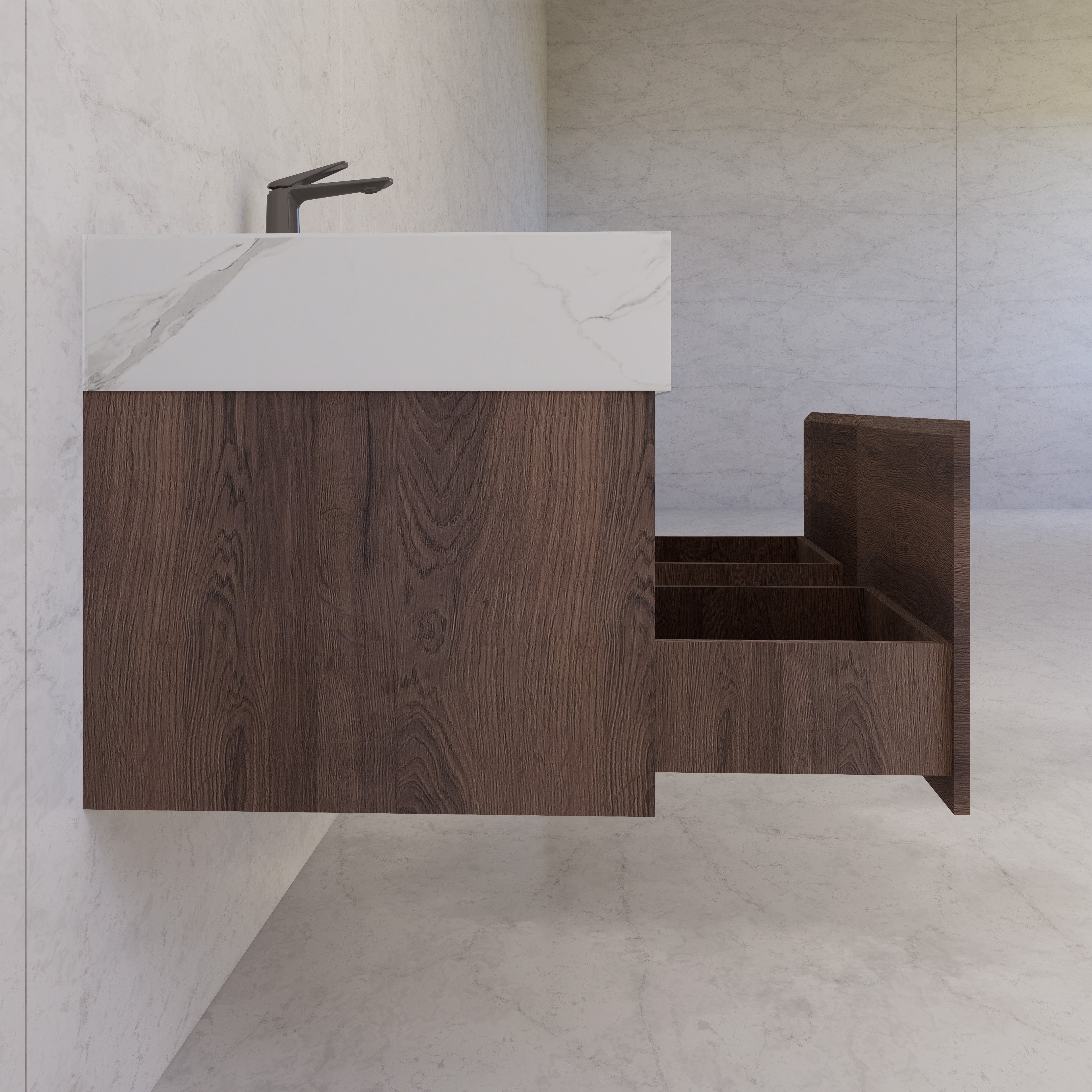 48", 60" Walnut Sintered Stone Top with Double Drawer Floating Bathroom Vanity