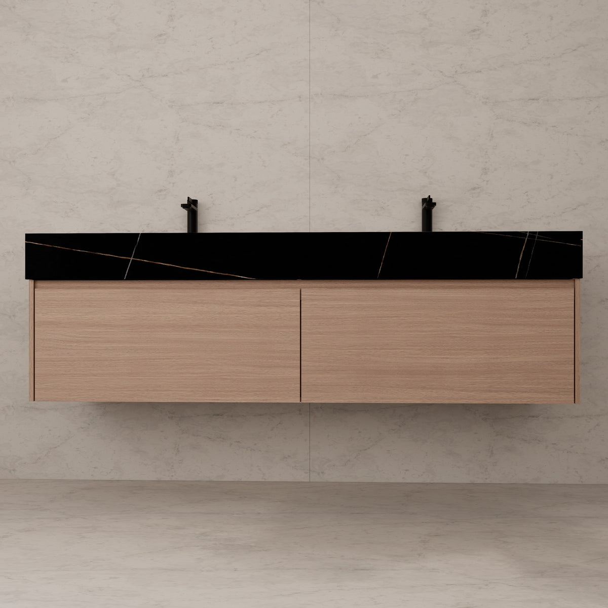 Meuble-lavabo suspendu double de 60 po / 71 po en chêne fumé avec dessus en pierre