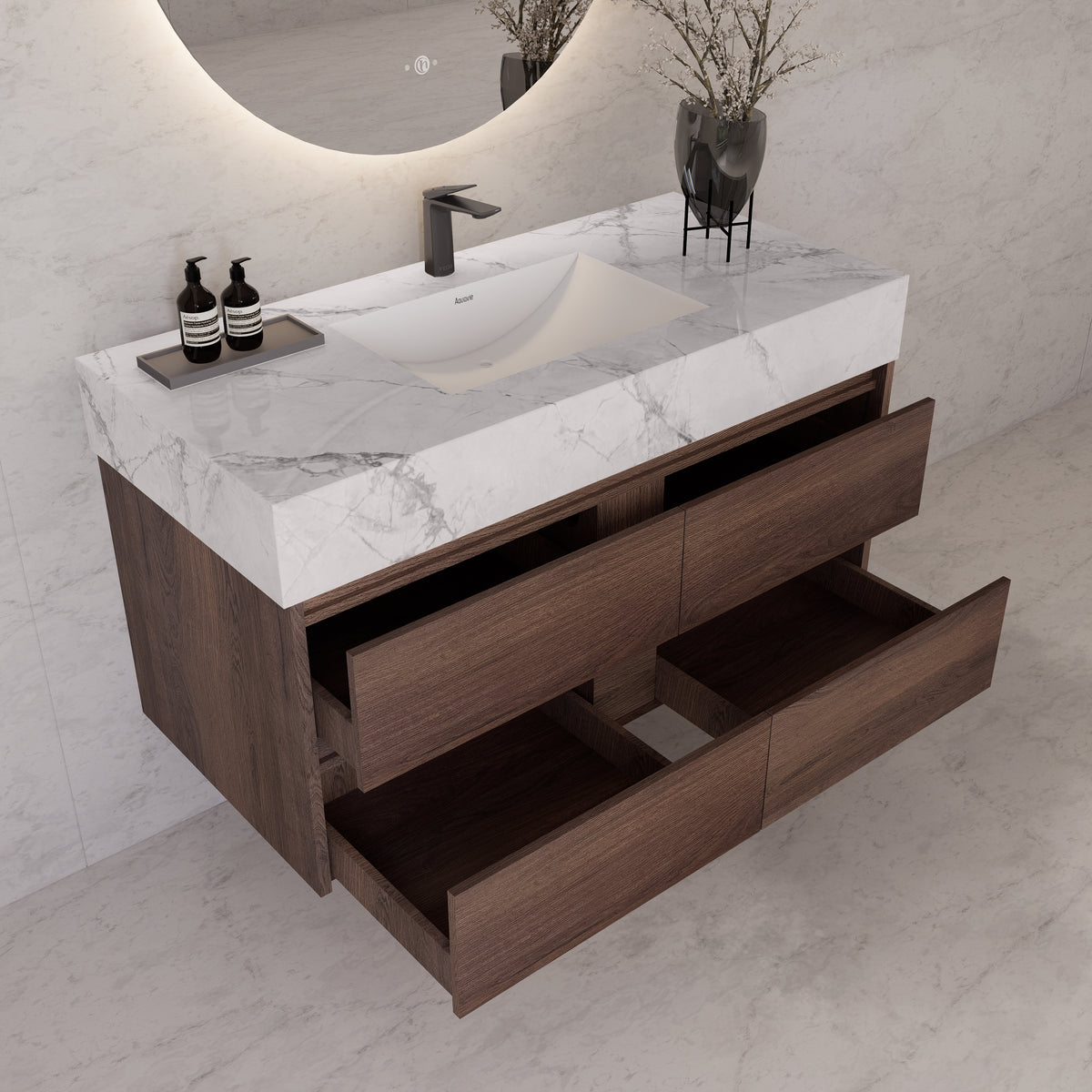 48"，60" Walnut Sintered Stone Top With Four Drawer Floating Bathroom Vanity