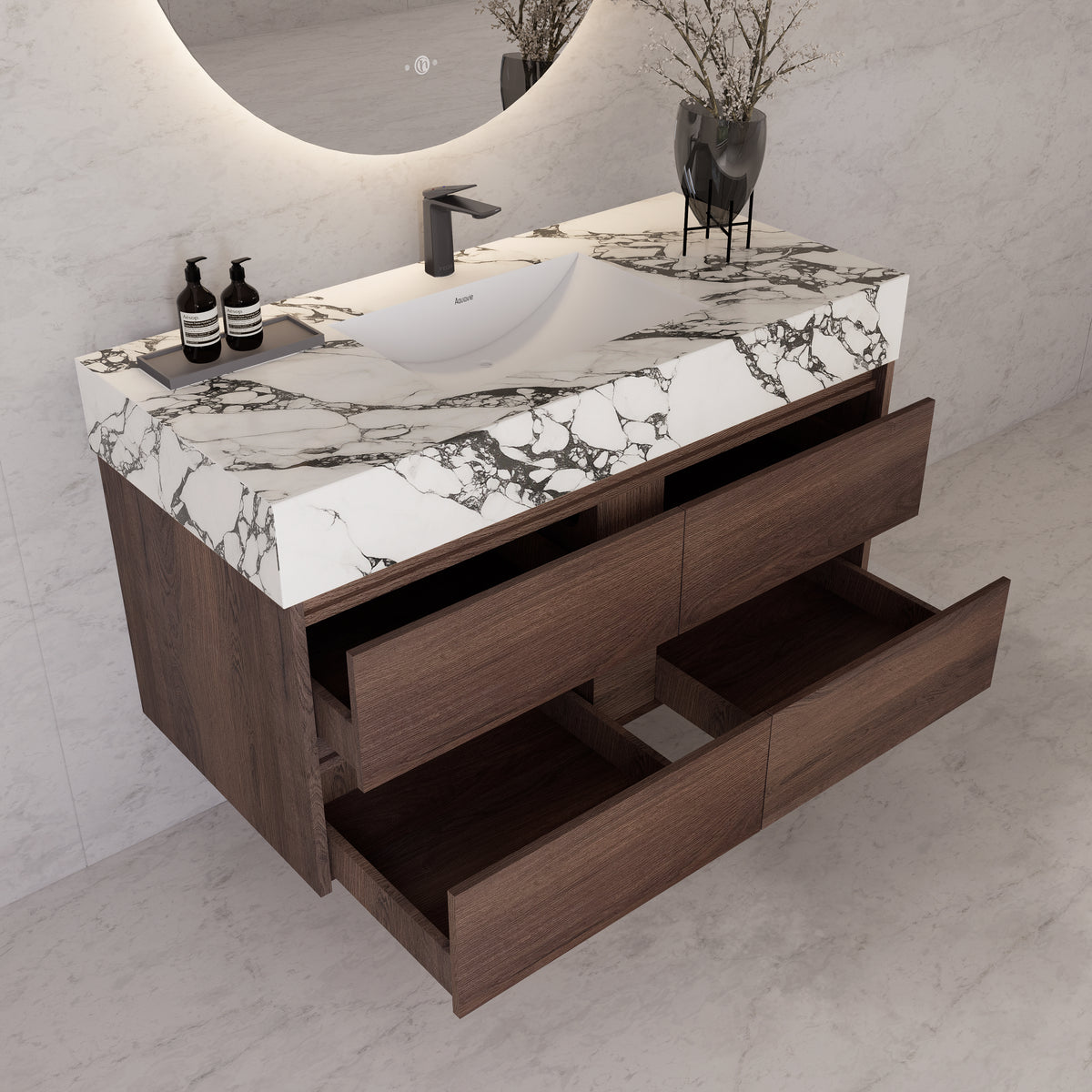 48"，60" Walnut Sintered Stone Top With Four Drawer Floating Bathroom Vanity