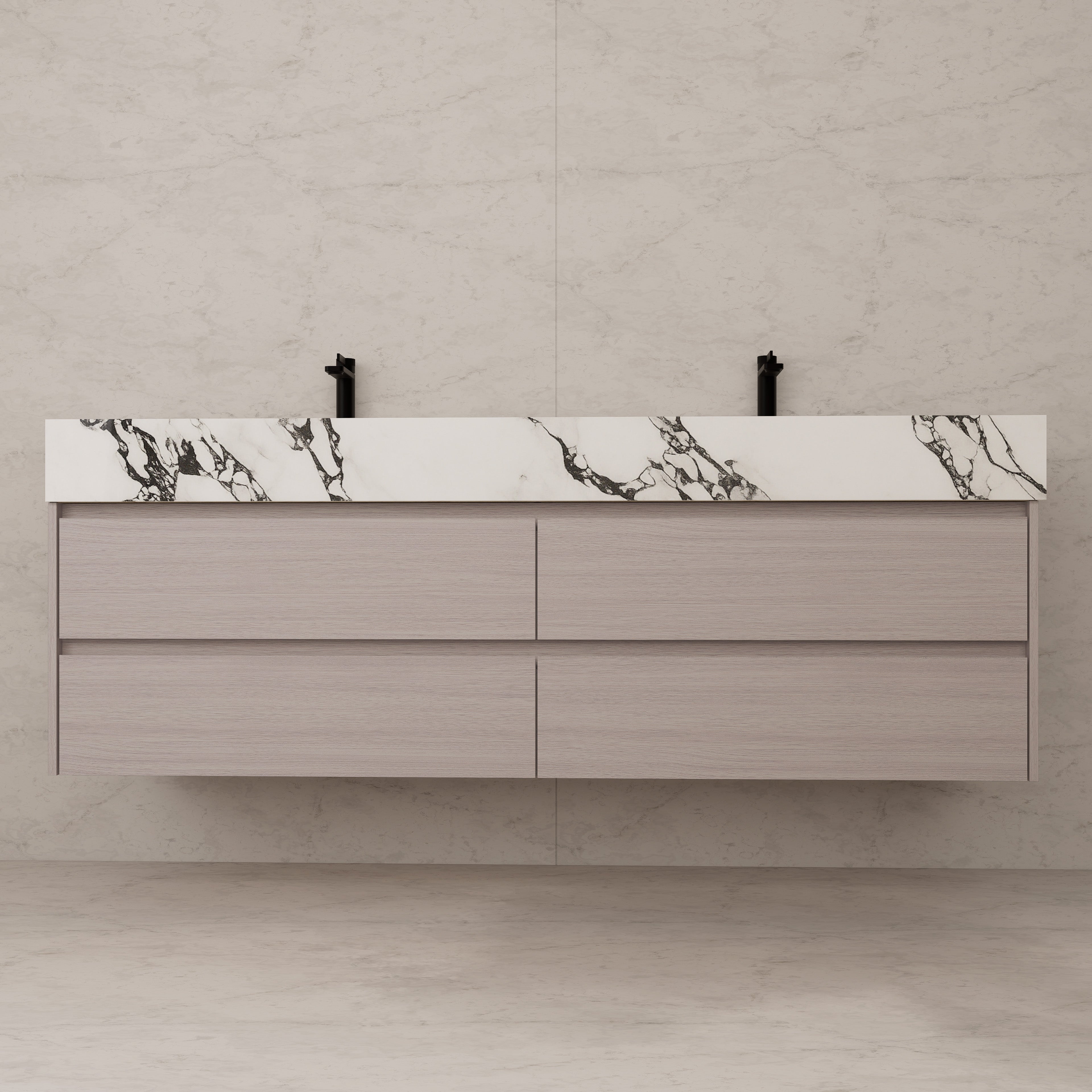 71"，60" White Grey Oak Double Sink Sintered Stone Top with Floating Bathroom Vanity