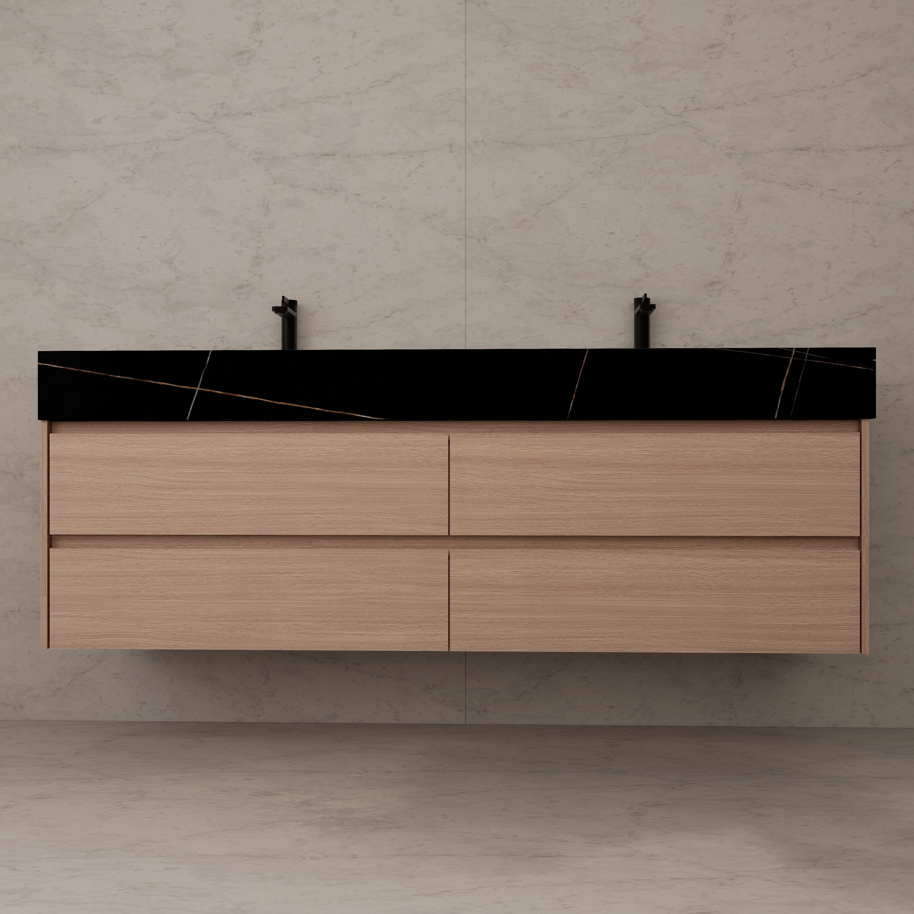 71"，60" Smoked Oak Double Sink Sintered Stone Top with Floating Bathroom Vanity