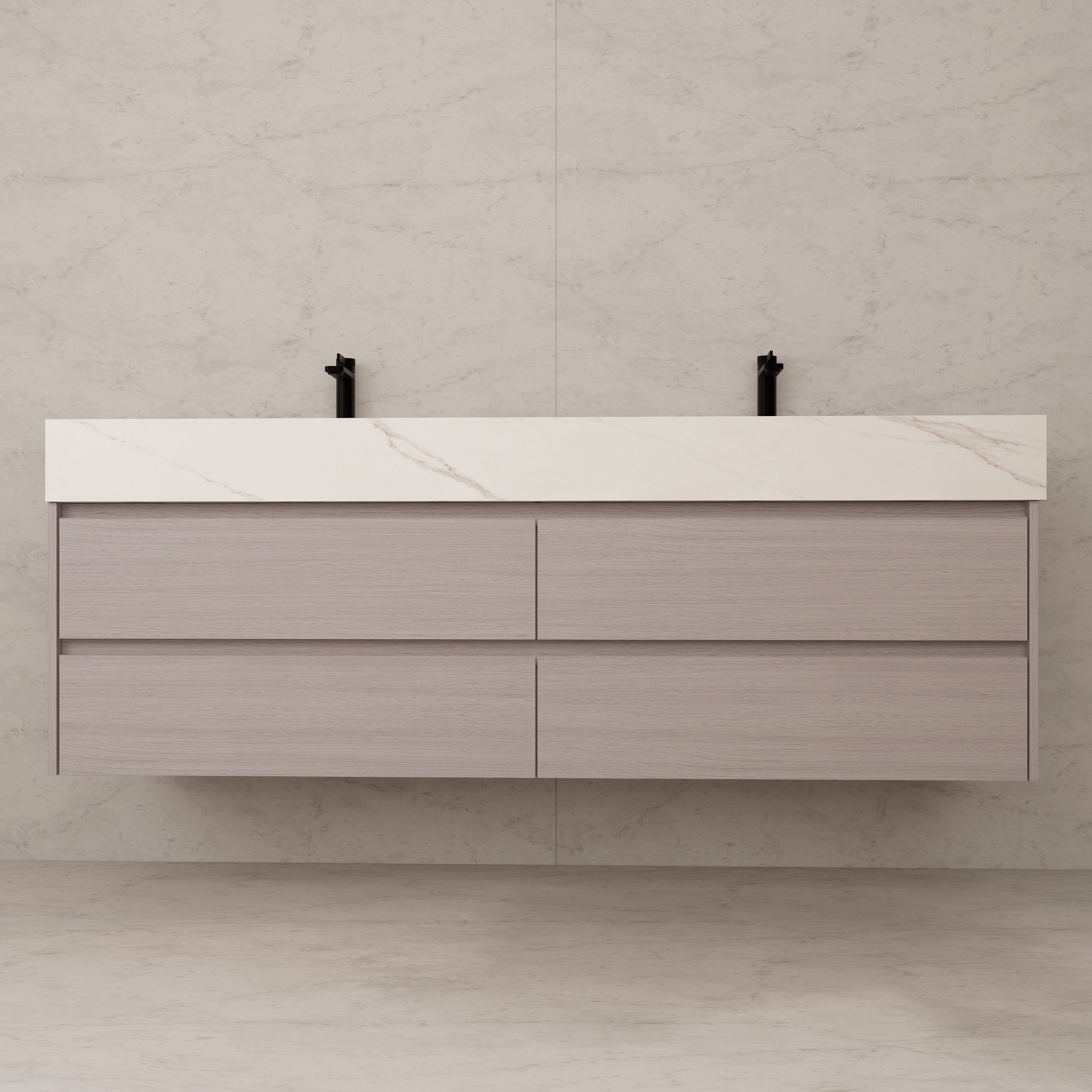71"，60" White Grey Oak Double Sink Sintered Stone Top with Floating Bathroom Vanity