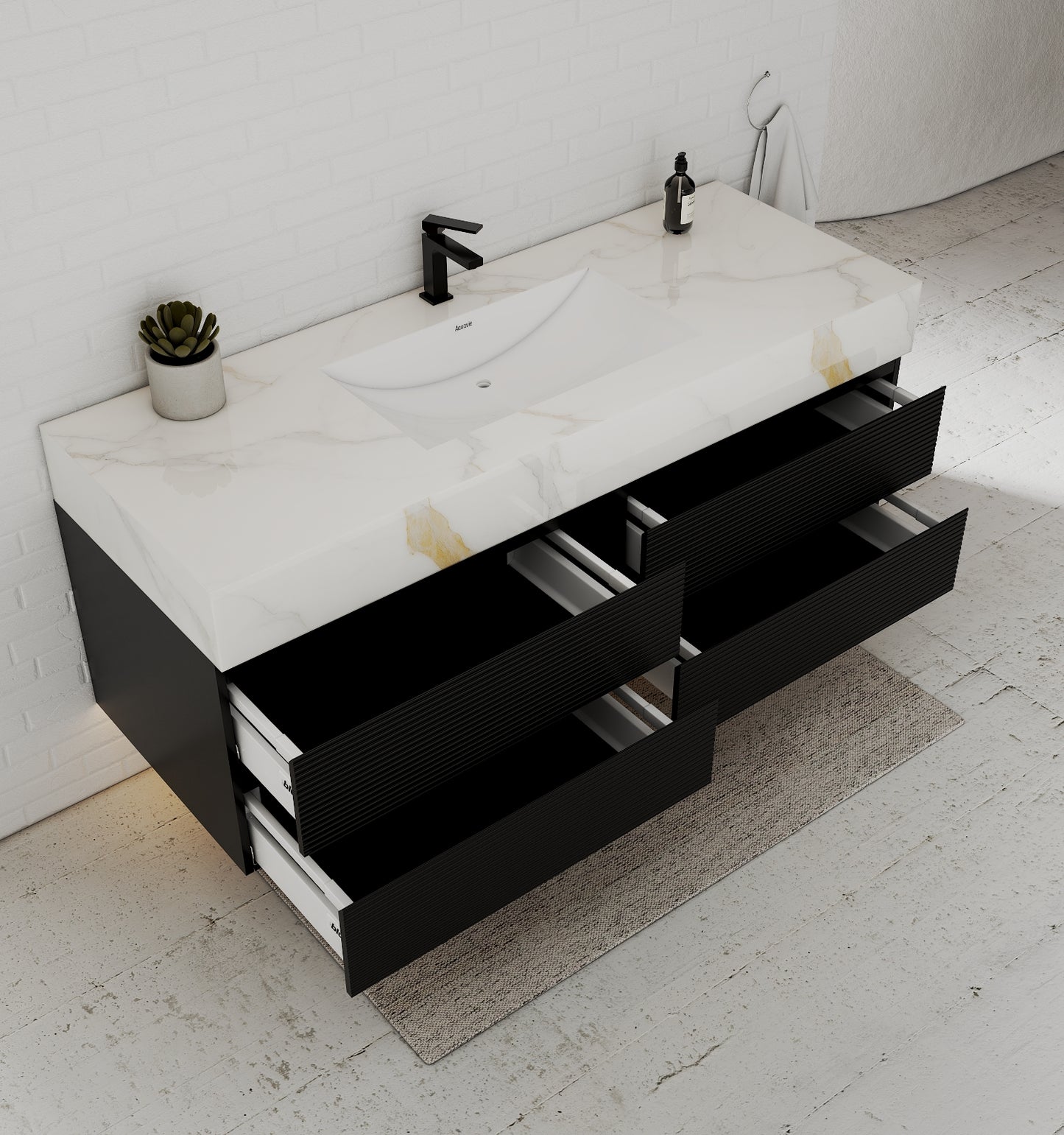 Black 60" Wall-Mounted Single Sink Bathroom Vanity with Fluted Drawers
