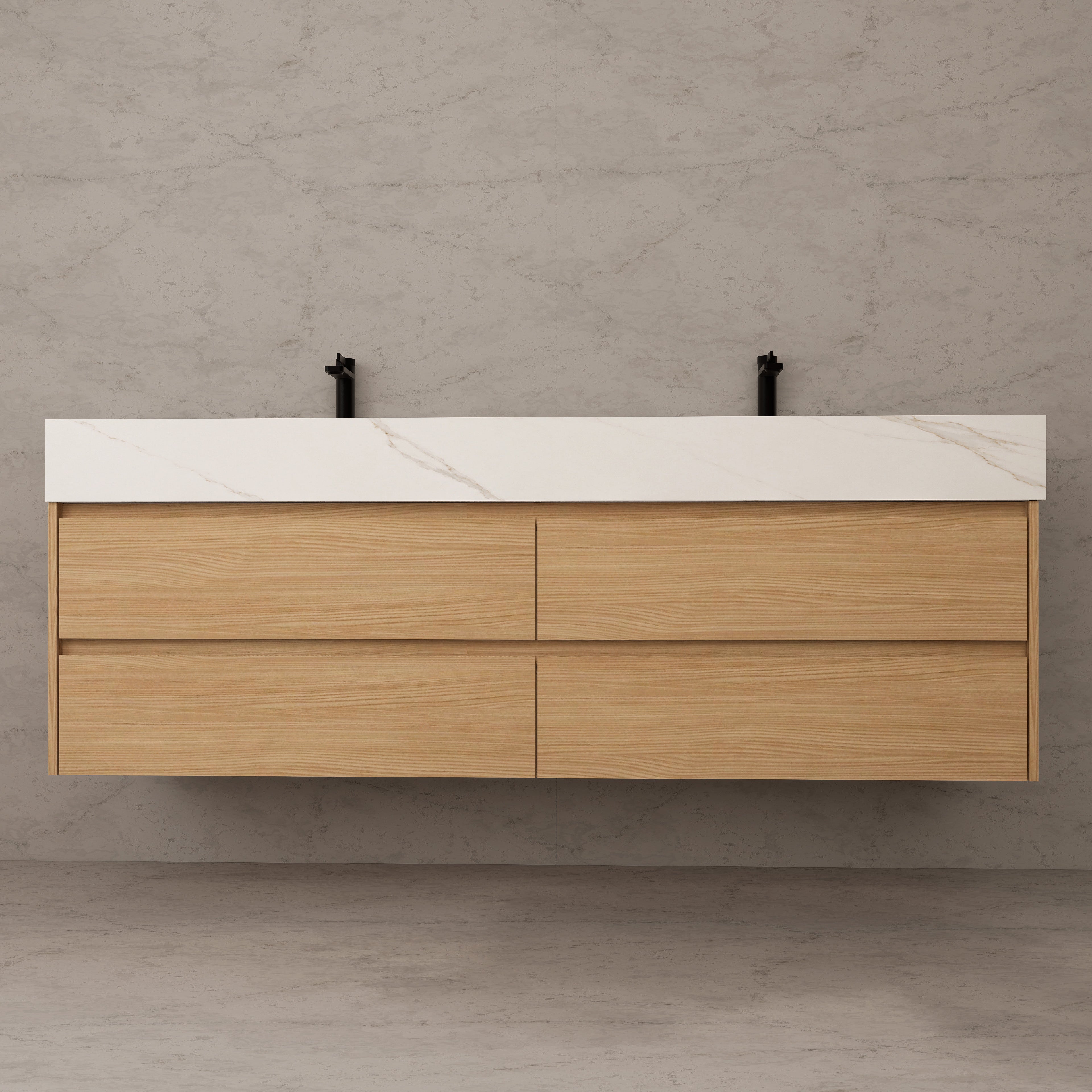 71"，60" Nature Oak Double Sink Sintered Stone Top with Floating Bathroom Vanity