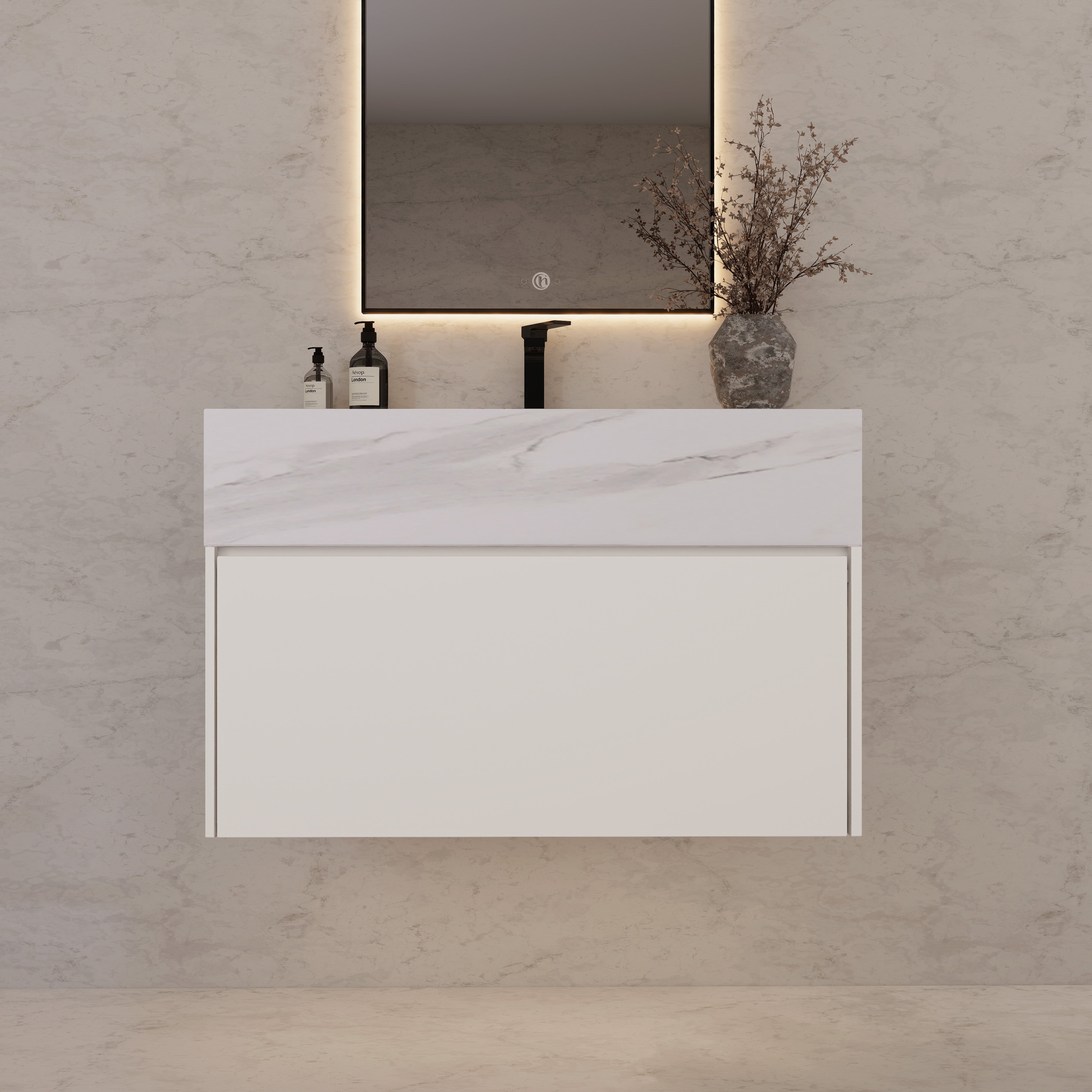 32"/ 36"/40" White Single Sink Floating Bathroom Vanity with Sintered Stone Top