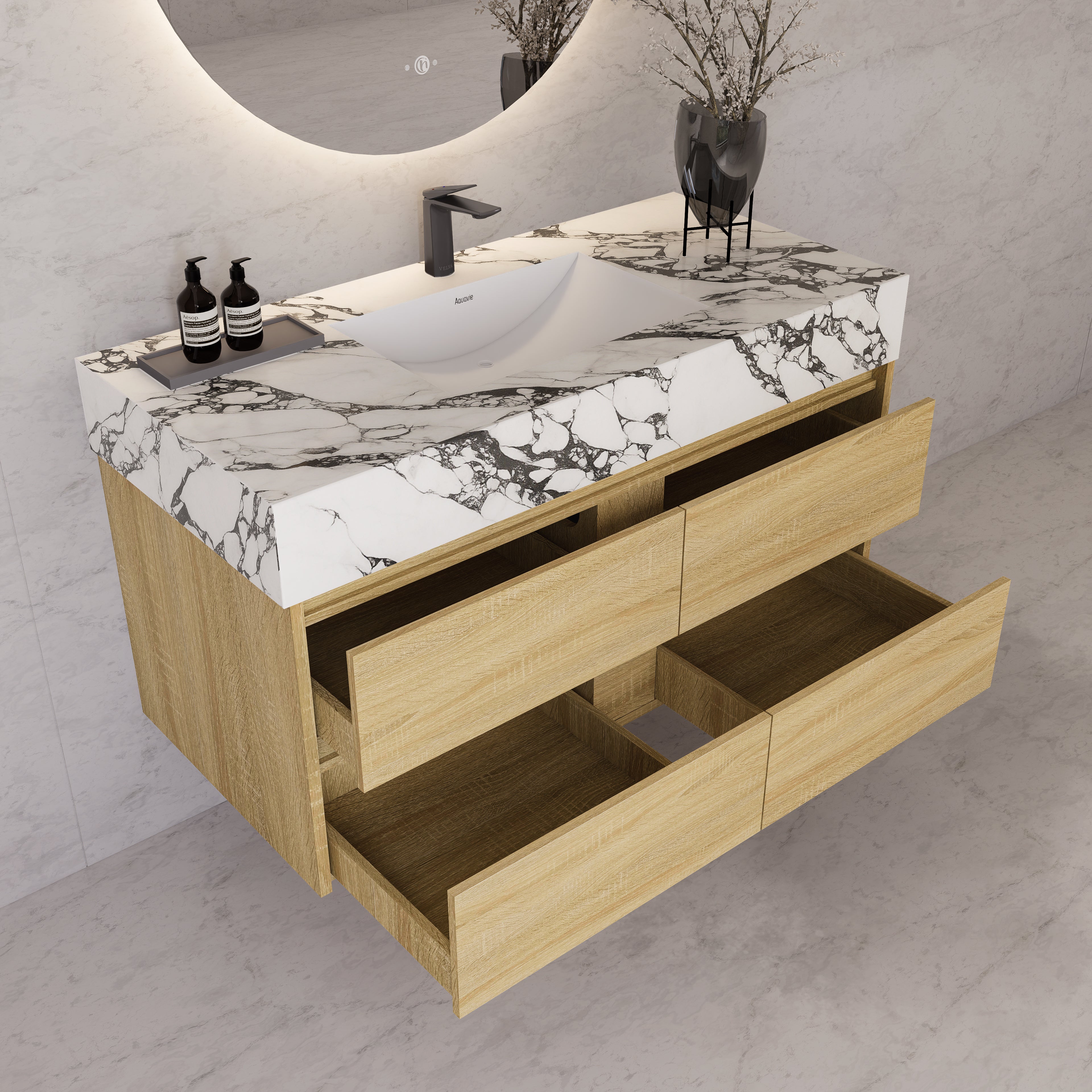 48"，60" Light Oak Sintered Stone Top With Four Drawer Floating Bathroom Vanity