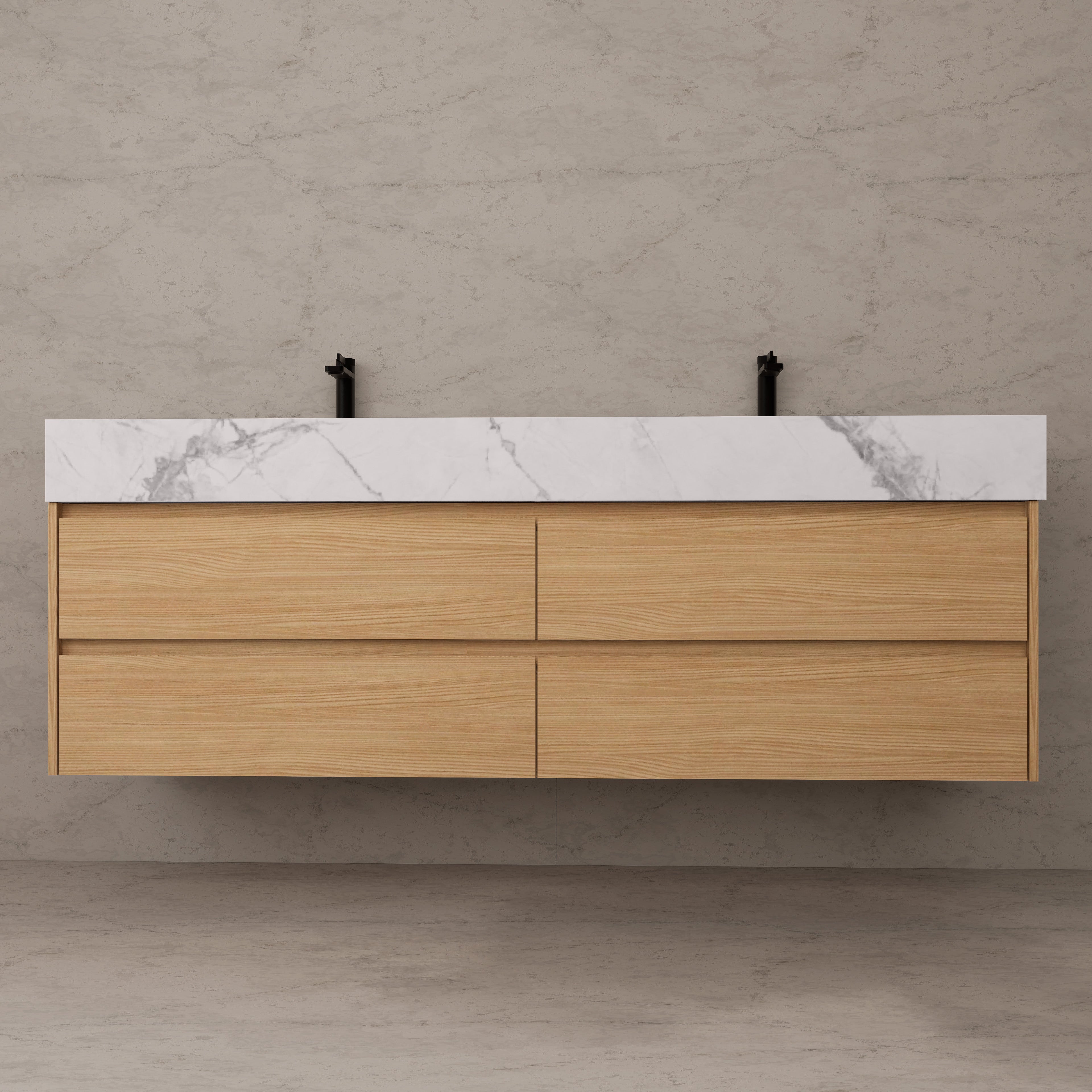 71"，60" Nature Oak Double Sink Sintered Stone Top with Floating Bathroom Vanity