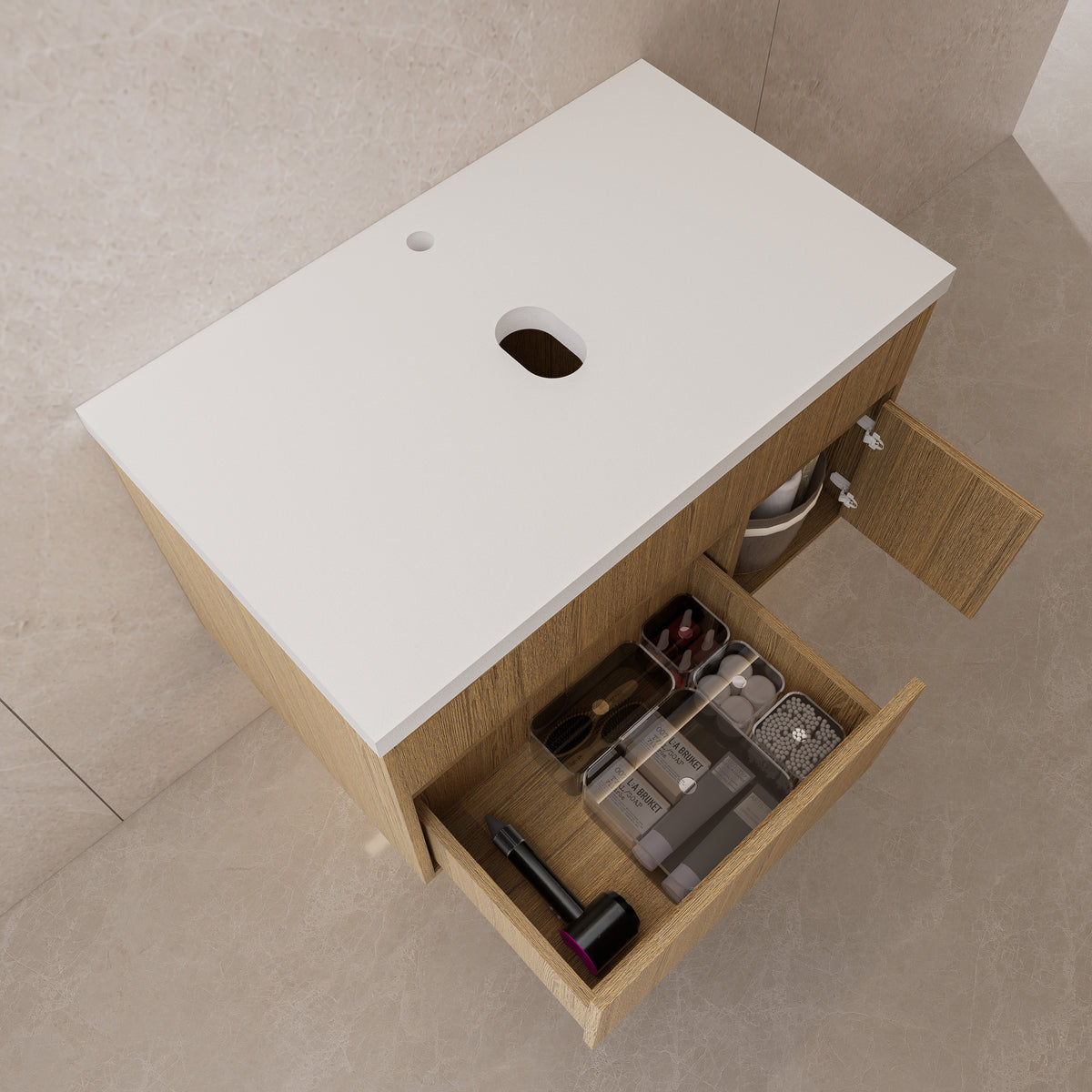 Floating Vessel Sink Vanity — Natural Oak Cabinet with Sintered Stone Top, Door & Drawer