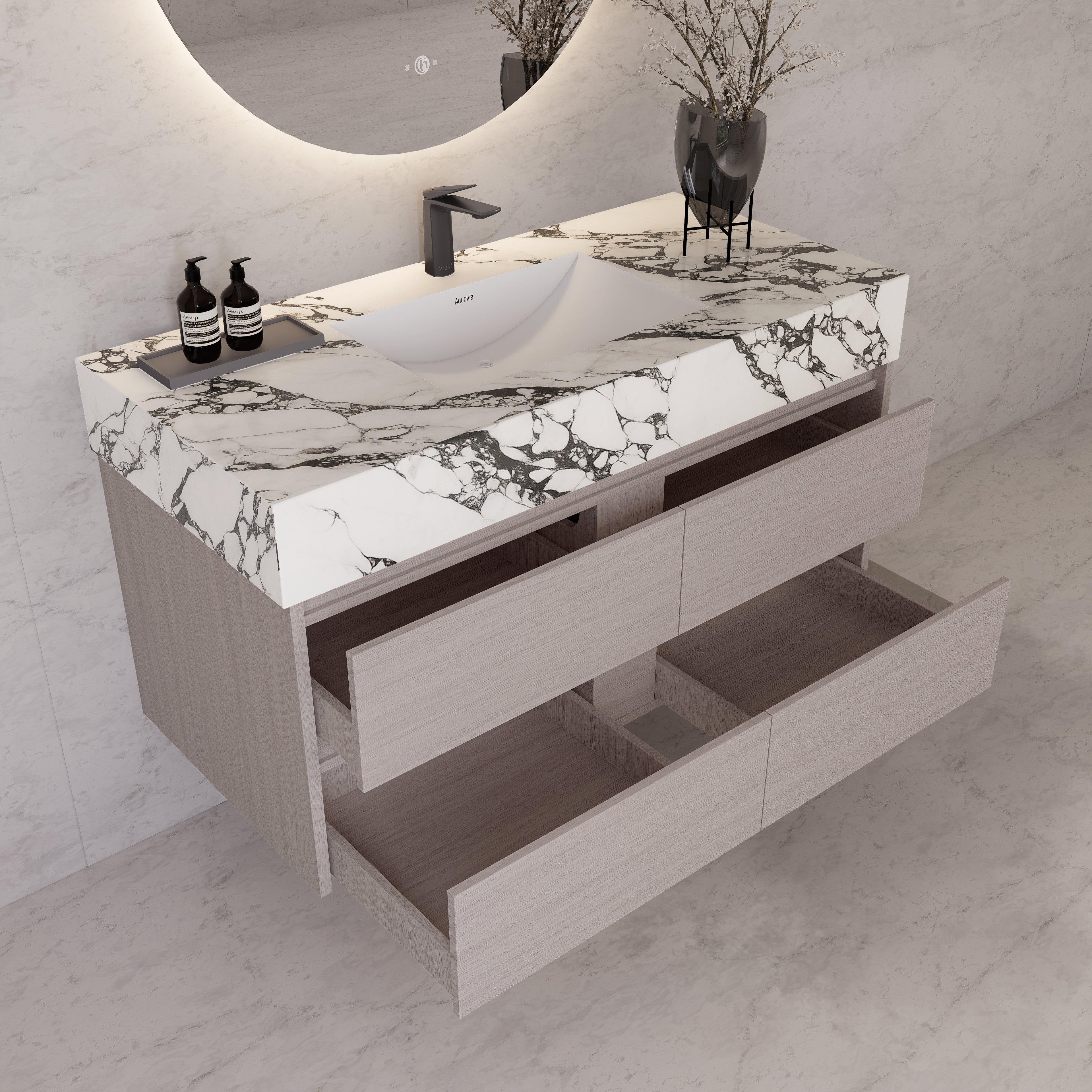 48"，60" White Grey Sintered Stone Top With Four Drawer Floating Bathroom Vanity