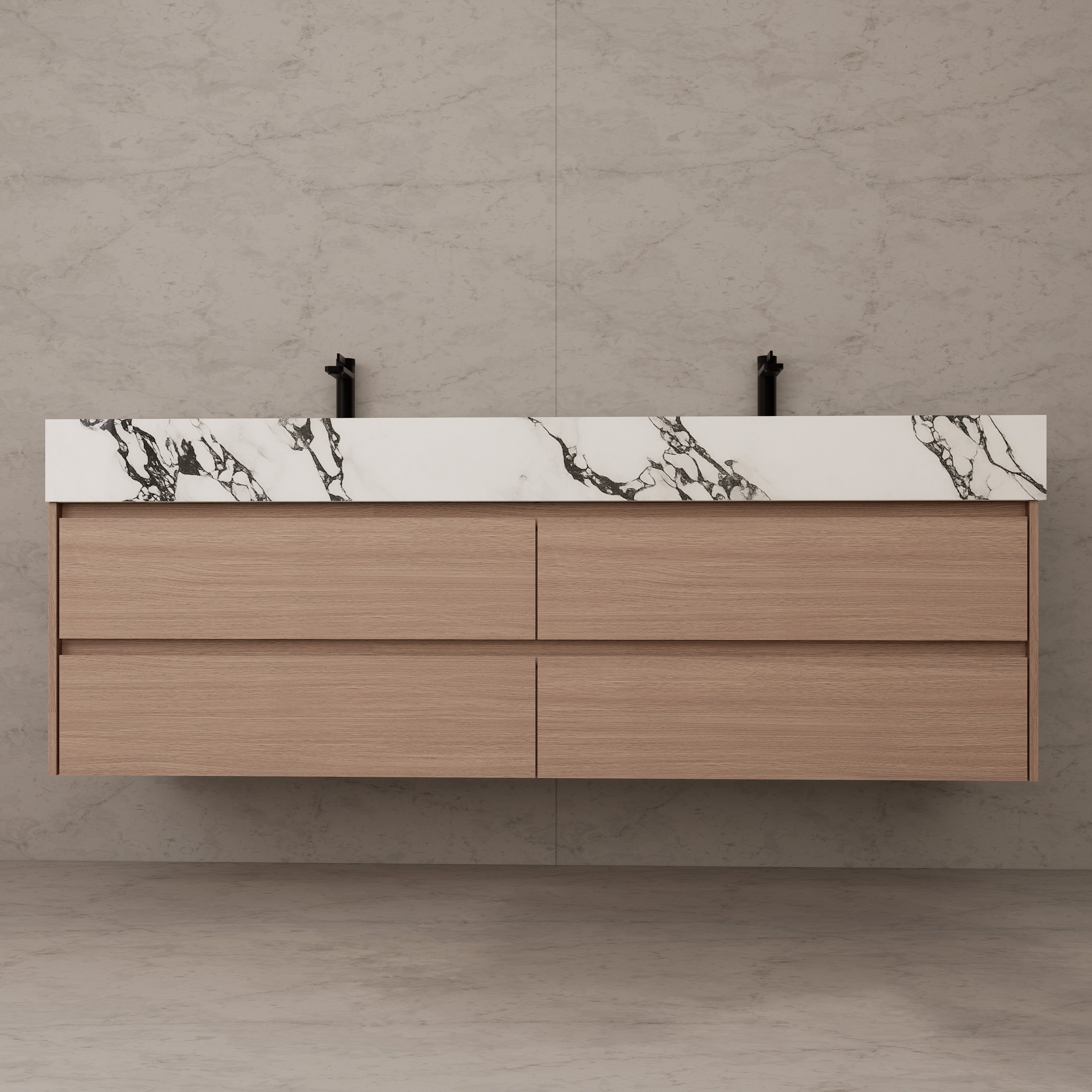 71"，60" Smoked Oak Double Sink Sintered Stone Top with Floating Bathroom Vanity