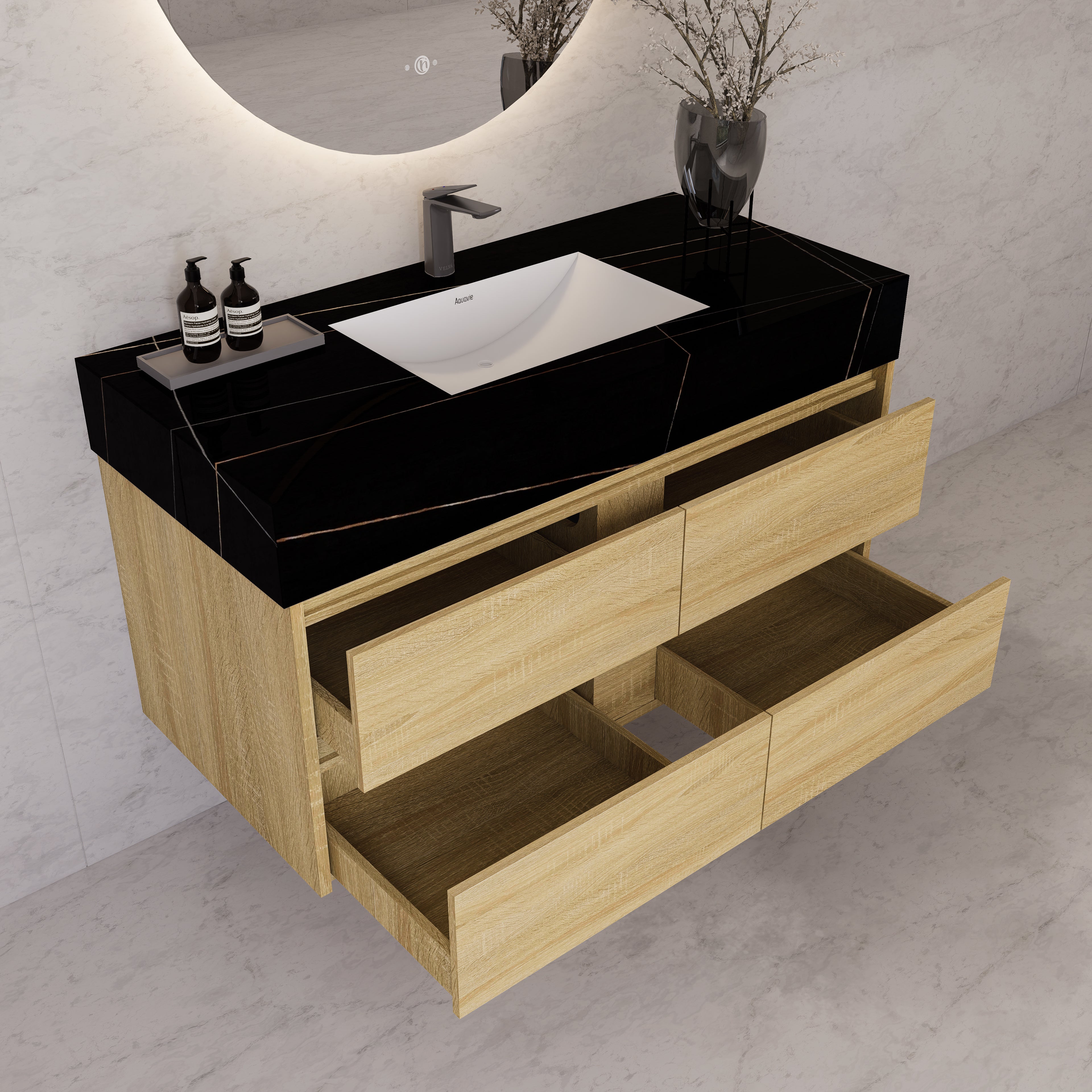 48"，60" Light Oak Sintered Stone Top With Four Drawer Floating Bathroom Vanity
