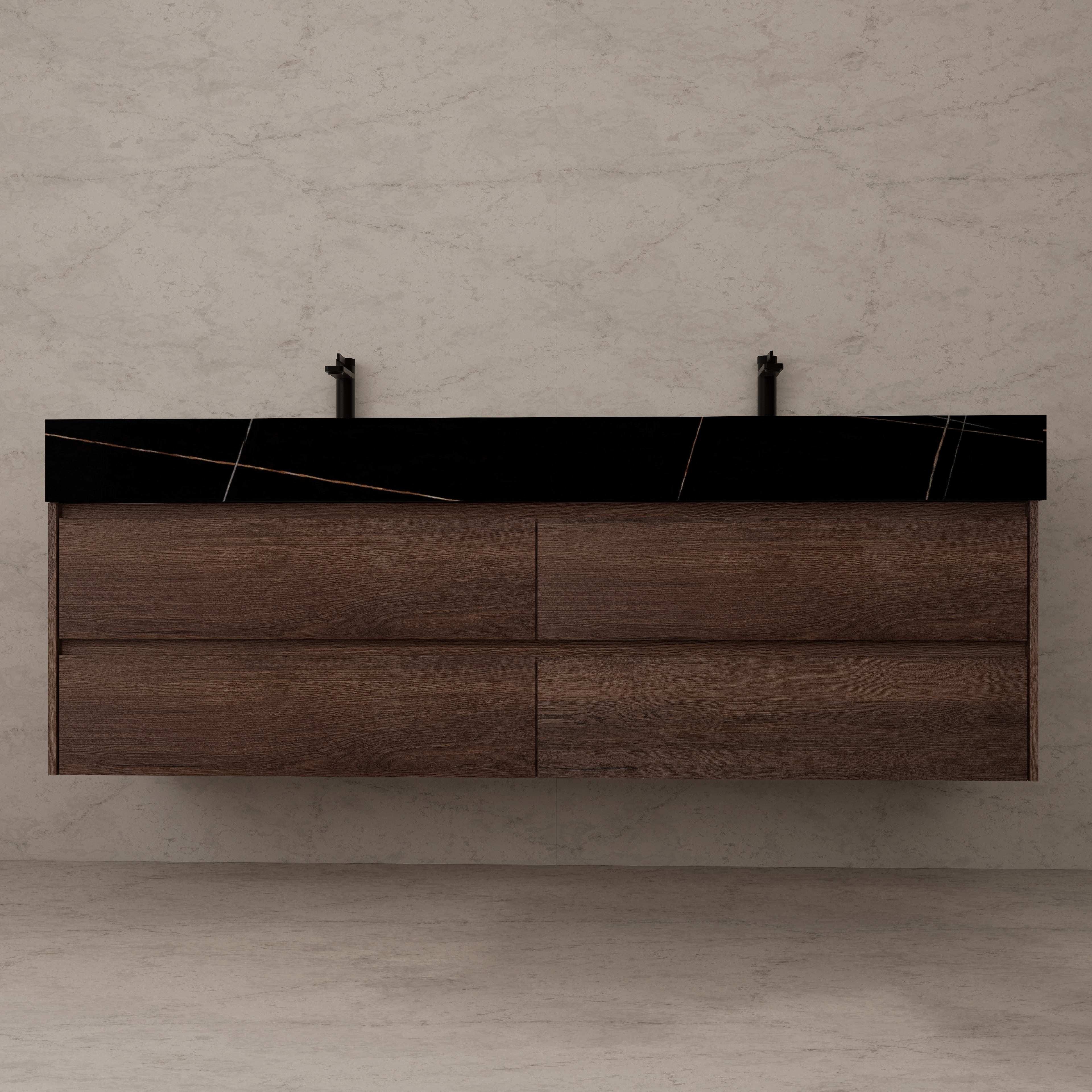71"，60" Walnut Double Sink Sintered Stone Top with Elegant Floating Bathroom Vanity