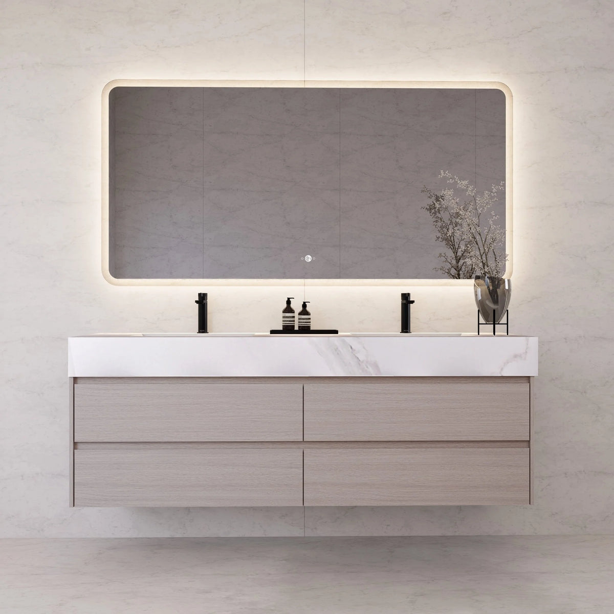 71"，60" Walnut Double Sink Sintered Stone Top with Elegant Floating Bathroom Vanity