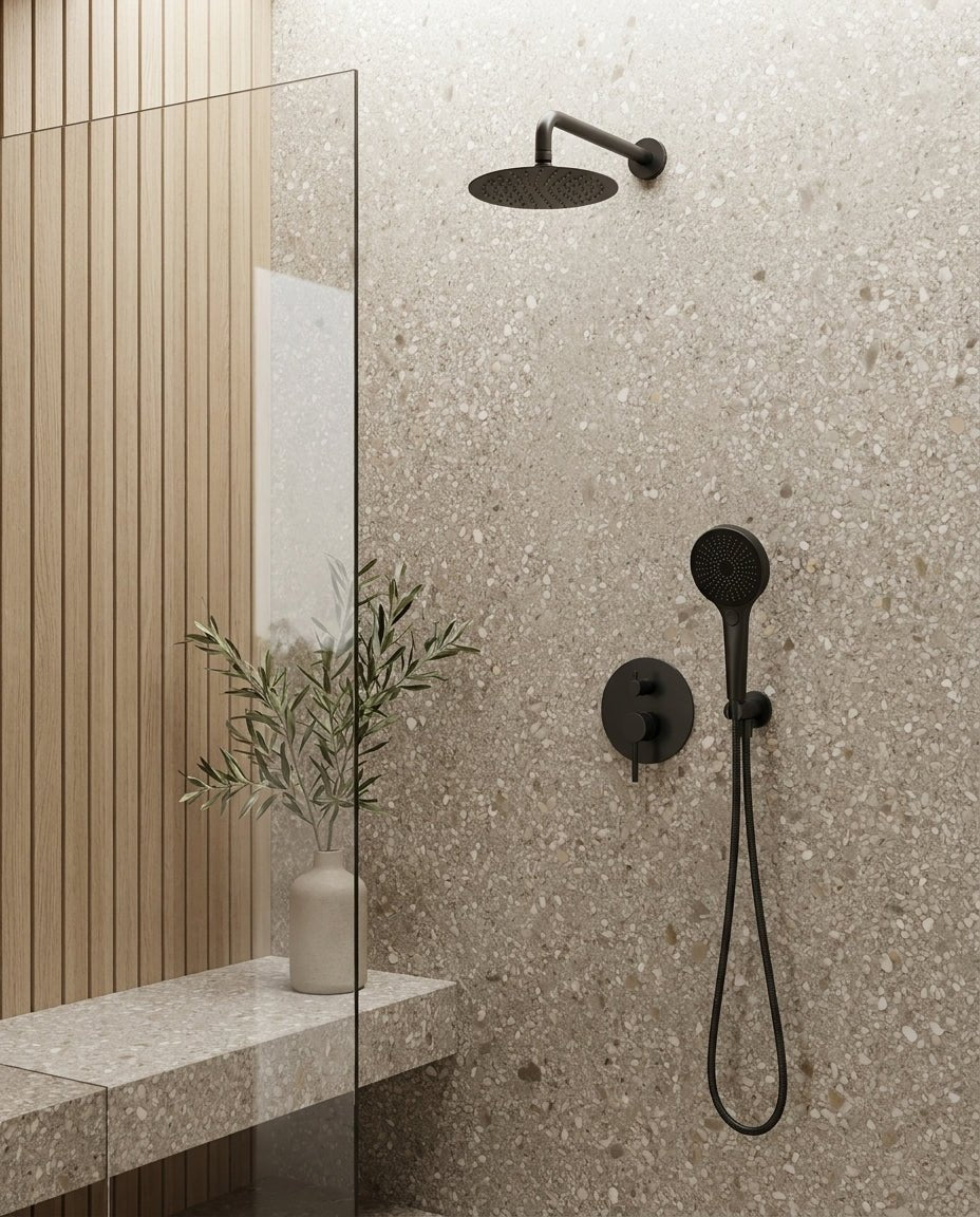 8" Pressure Balance Shower System with Rough - In Valve, 2 Ways Rain Shower Set - ShowerMatte Black