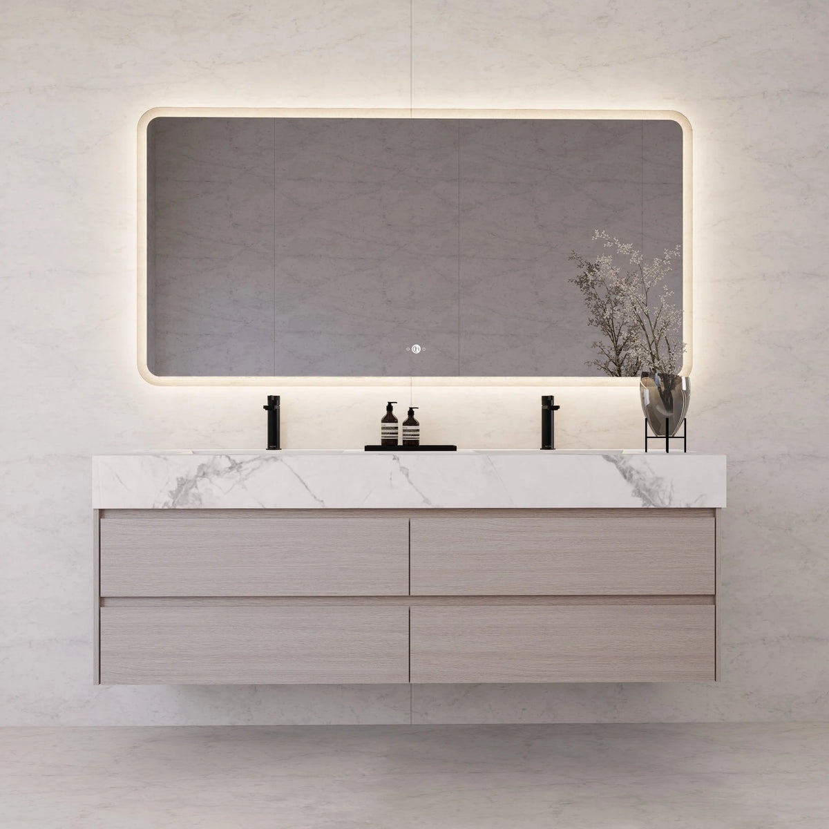 71"，60" Walnut Double Sink Sintered Stone Top with Elegant Floating Bathroom Vanity