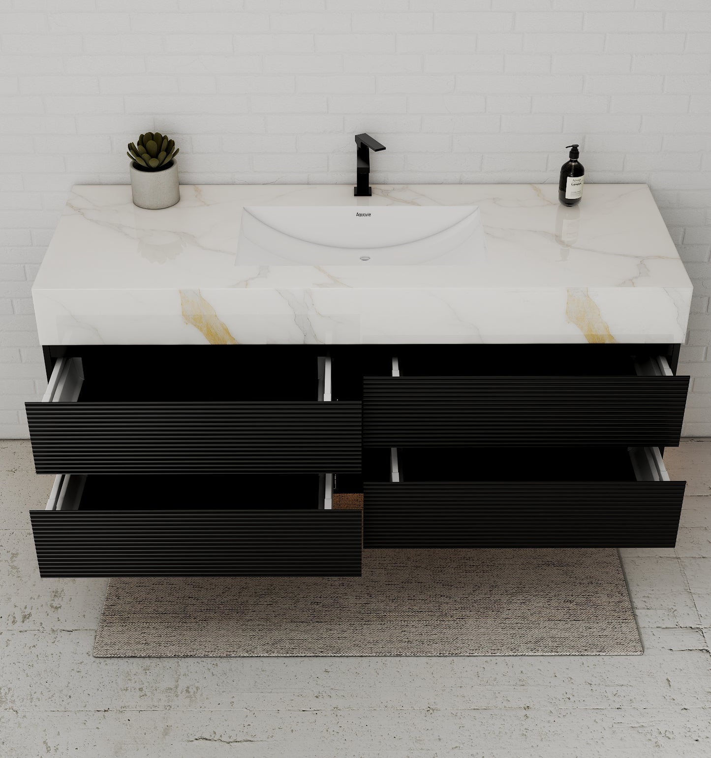 Black 60" Wall-Mounted Single Sink Bathroom Vanity with Fluted Drawers
