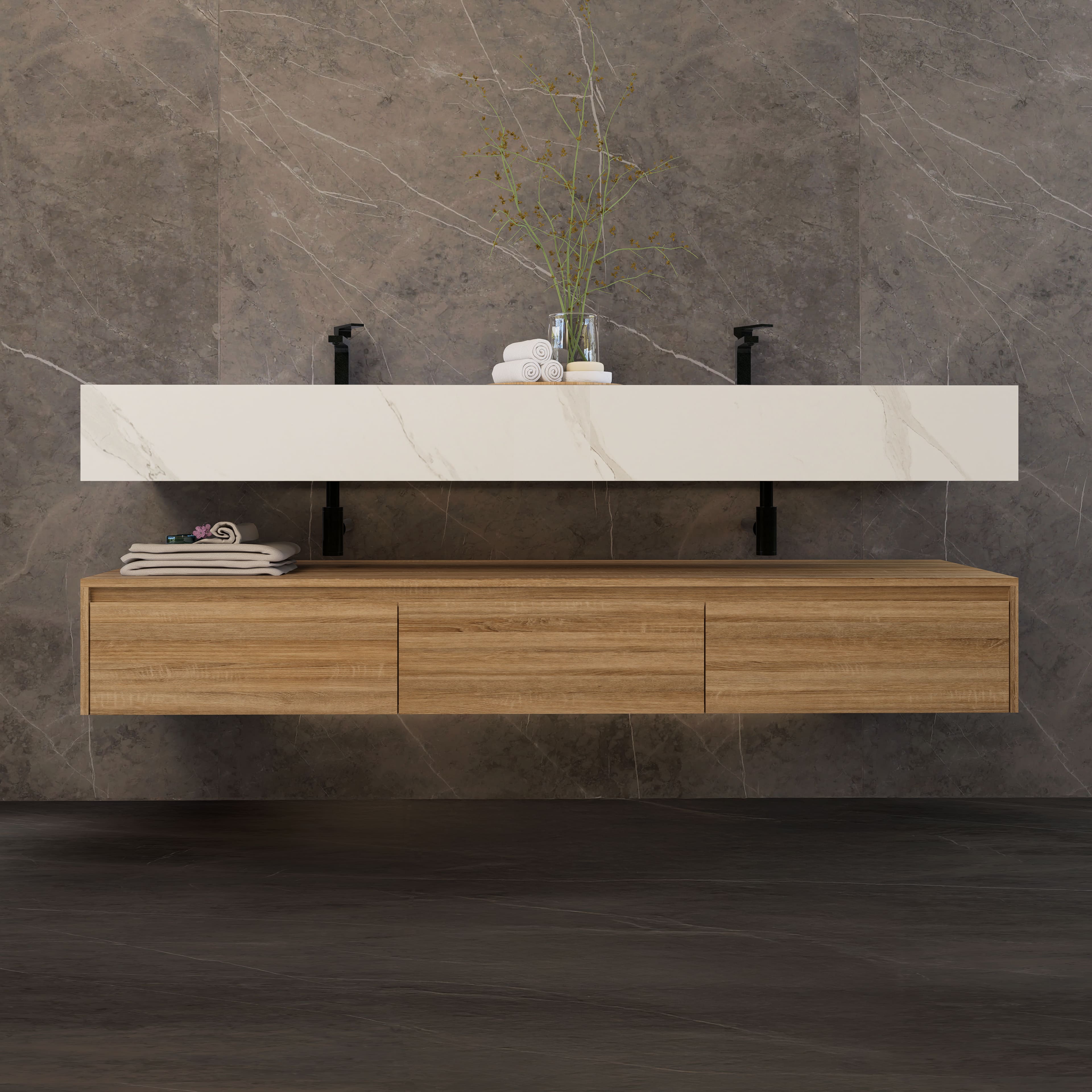 71" Wall Mount Bathroom Vanity - Stone Integrated Basin & Plywood Cabinet