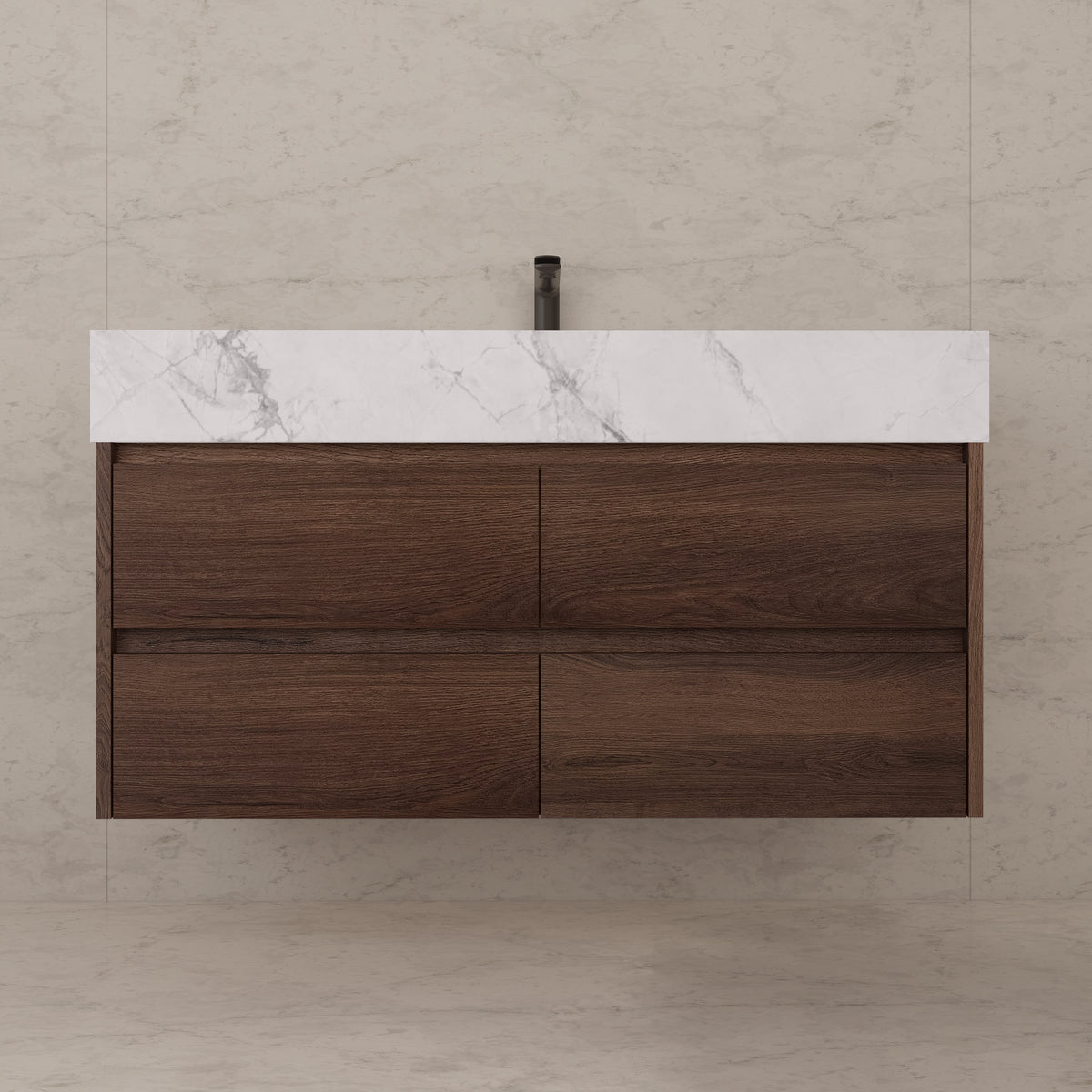 48"，60" Walnut Sintered Stone Top With Four Drawer Floating Bathroom Vanity