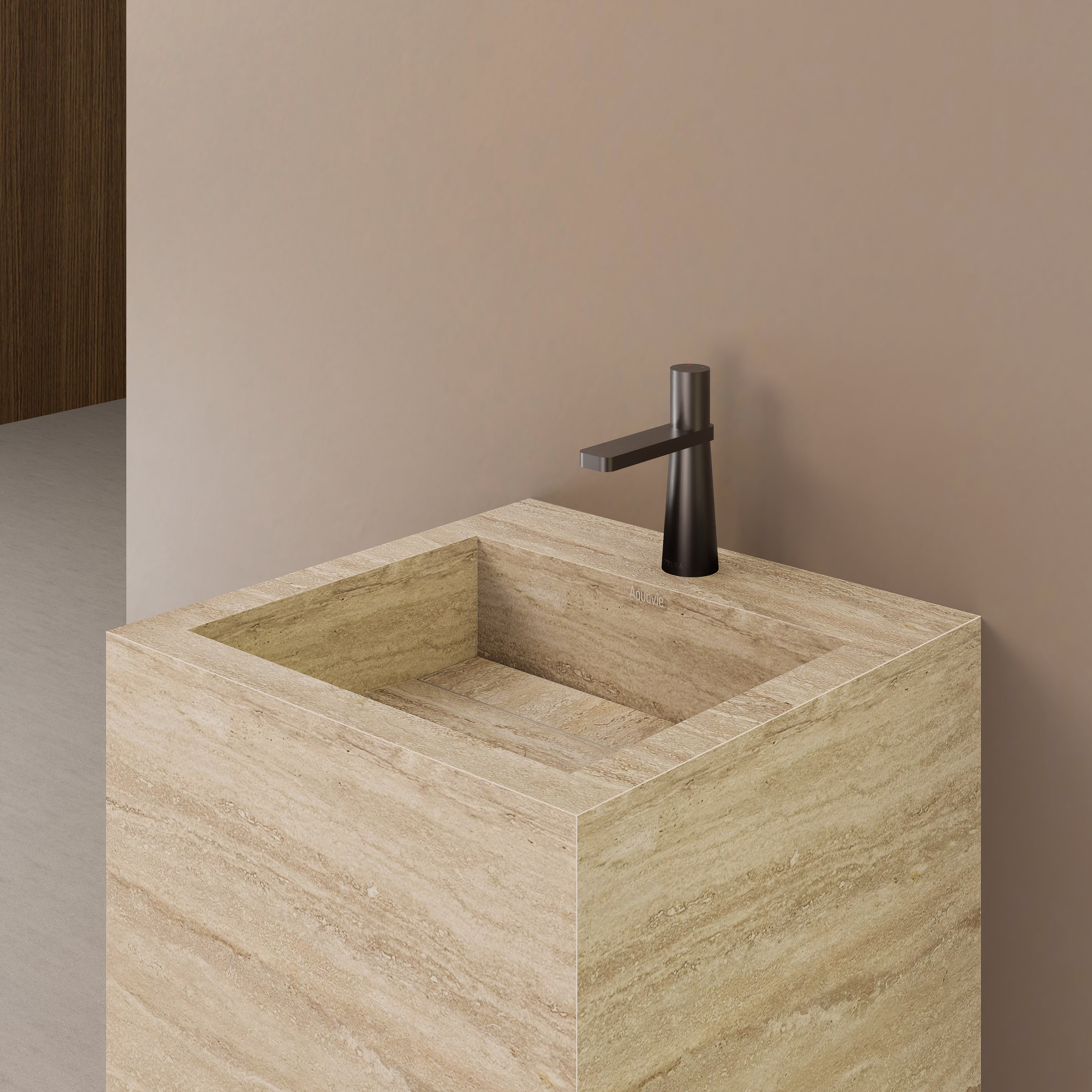 Monolithic Freestanding Pedestal Sink | Natural Travertine Sintered Stone Ramp Basin