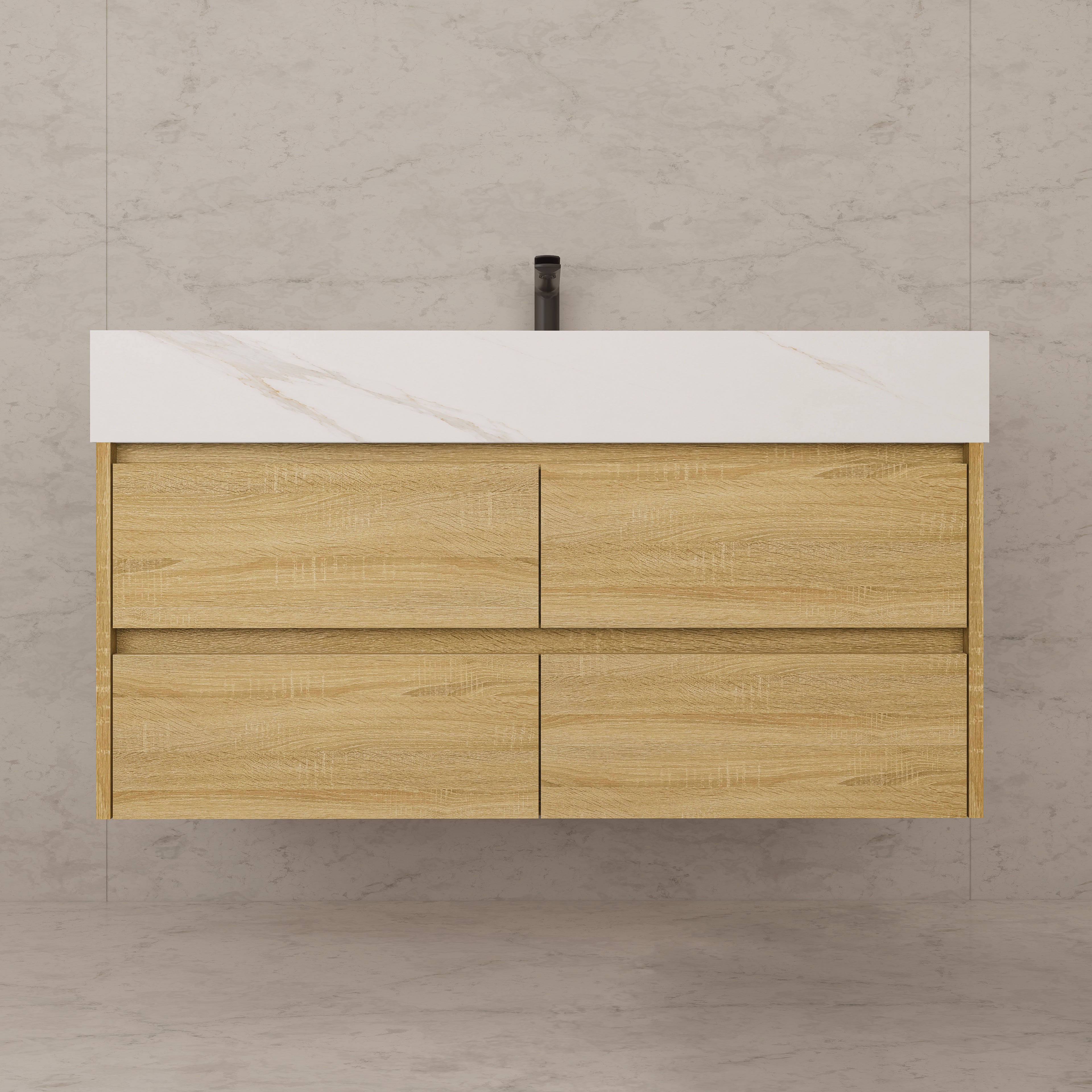48"，60" Light Oak Sintered Stone Top With Four Drawer Floating Bathroom Vanity