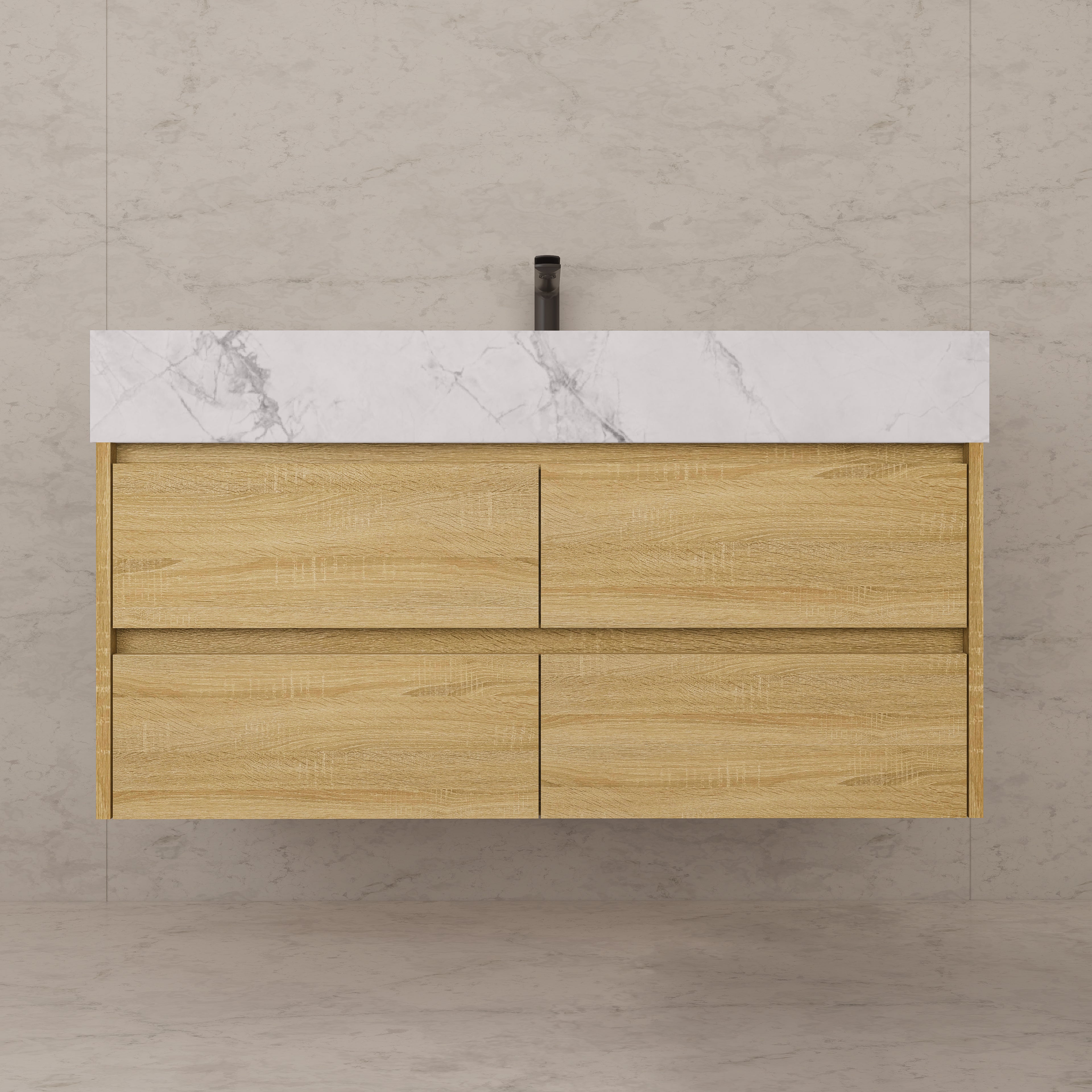 48"，60" Light Oak Sintered Stone Top With Four Drawer Floating Bathroom Vanity