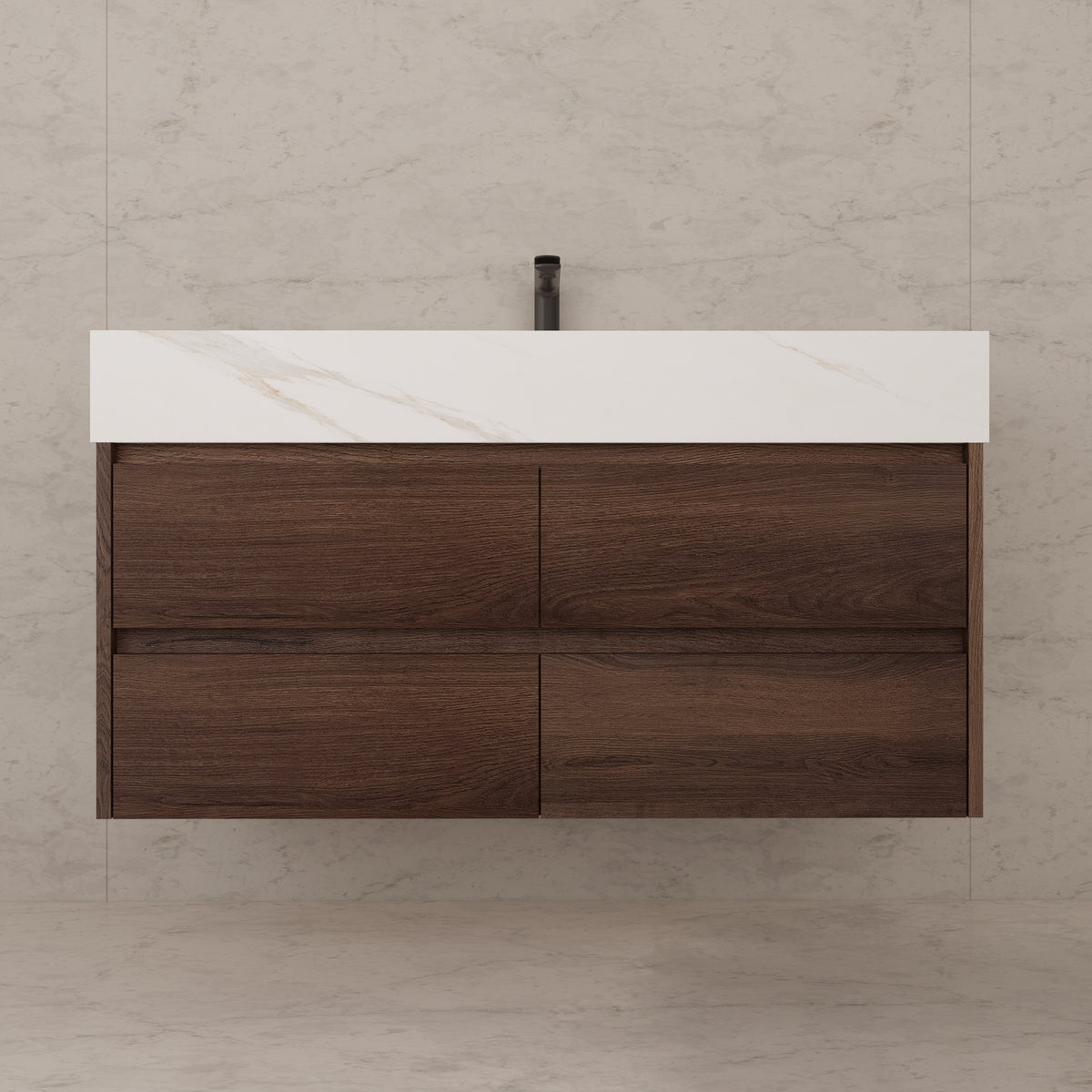 48"，60" Walnut Sintered Stone Top With Four Drawer Floating Bathroom Vanity