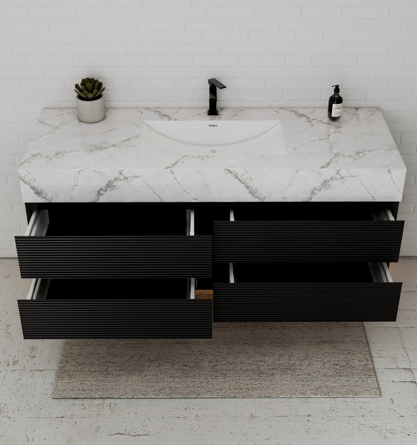 Black 60" Wall-Mounted Single Sink Bathroom Vanity with Fluted Drawers