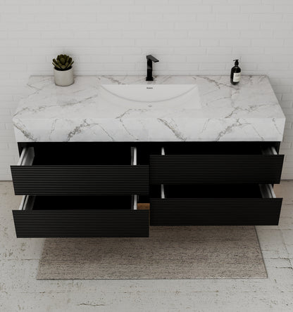 Black 60" Wall-Mounted Single Sink Bathroom Vanity with Fluted Drawers