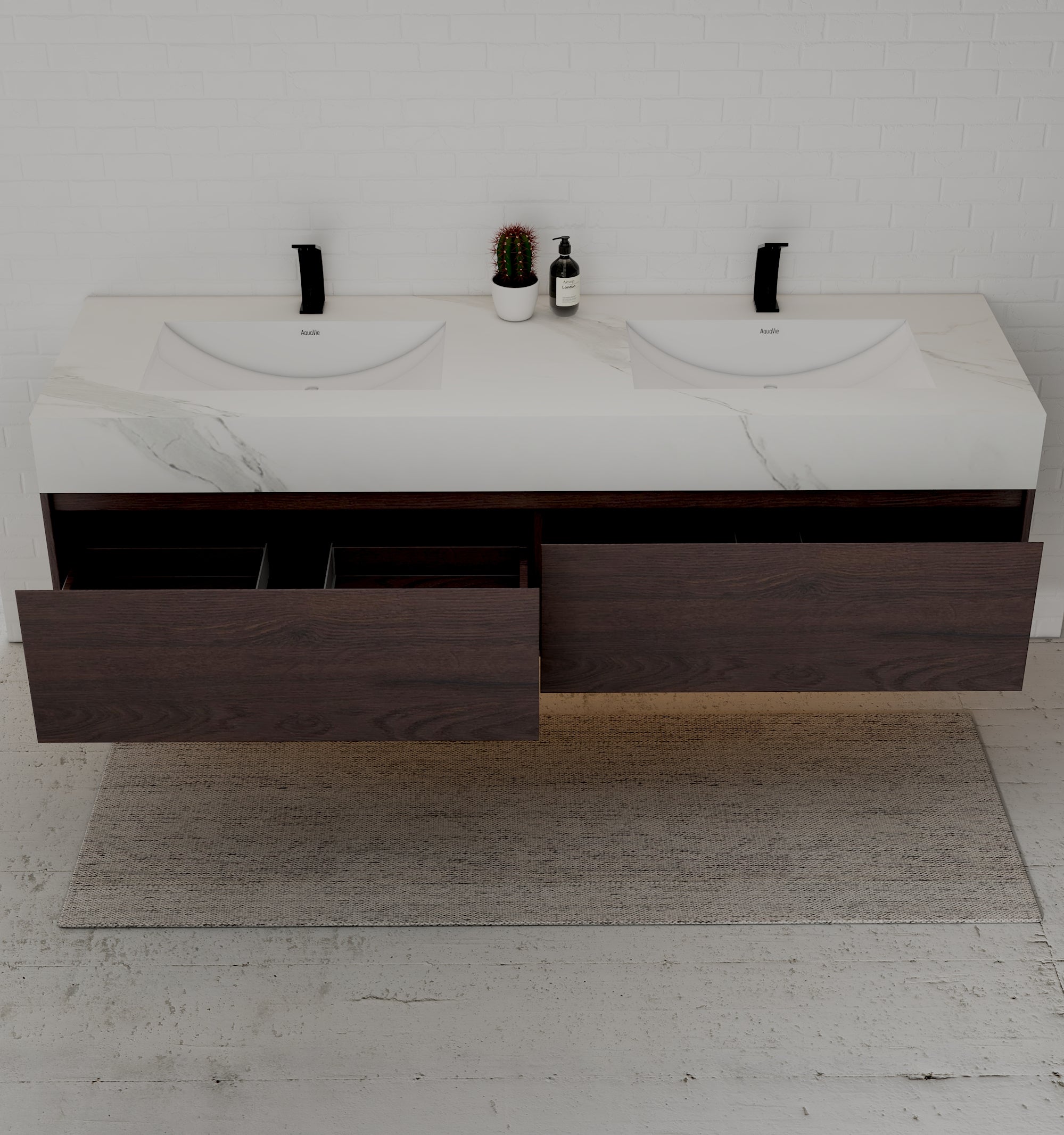 48", 60" Walnut Sintered Stone Top with Double Drawer Floating Bathroom Vanity