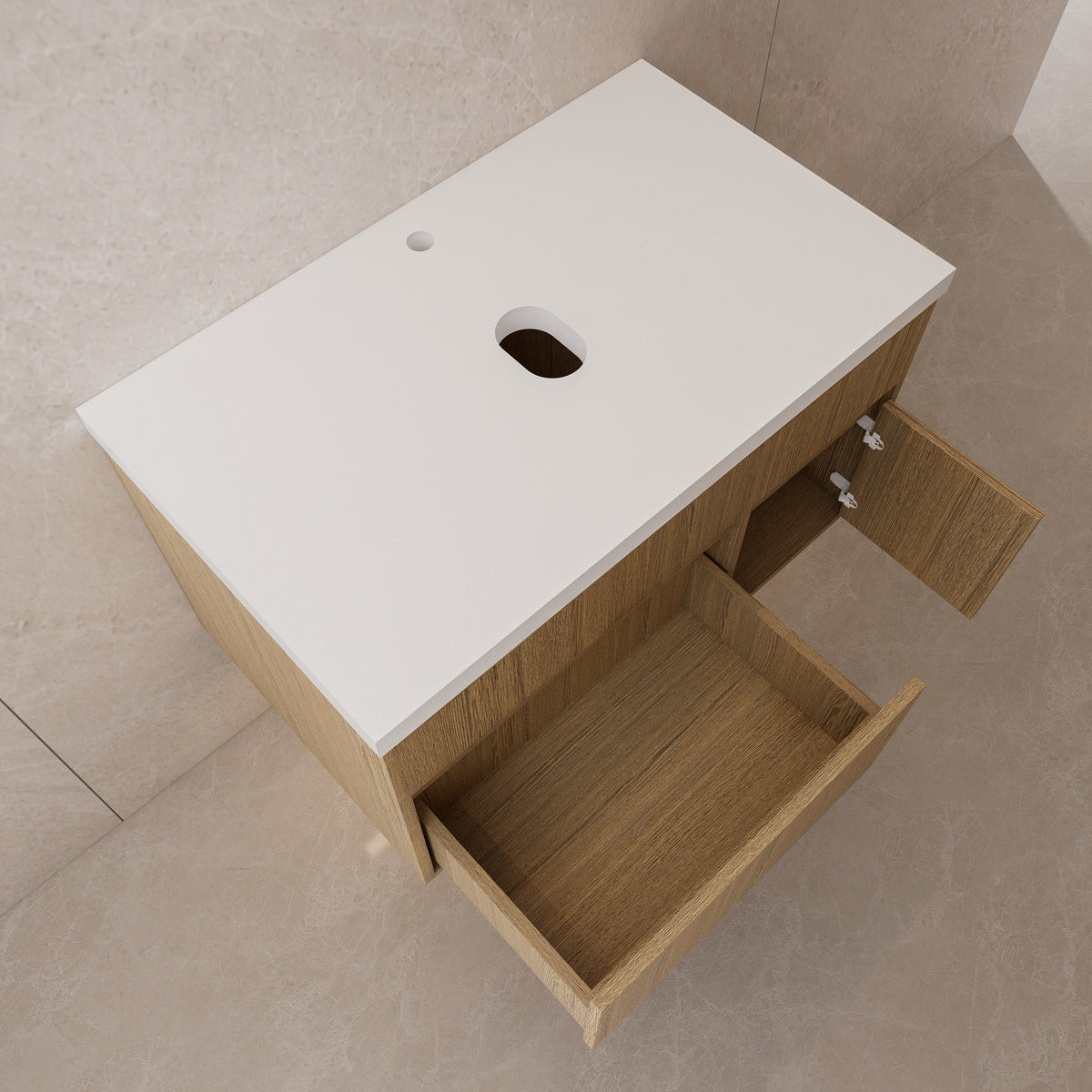 Floating Vessel Sink Vanity — Natural Oak Cabinet with Sintered Stone Top, Door & Drawer